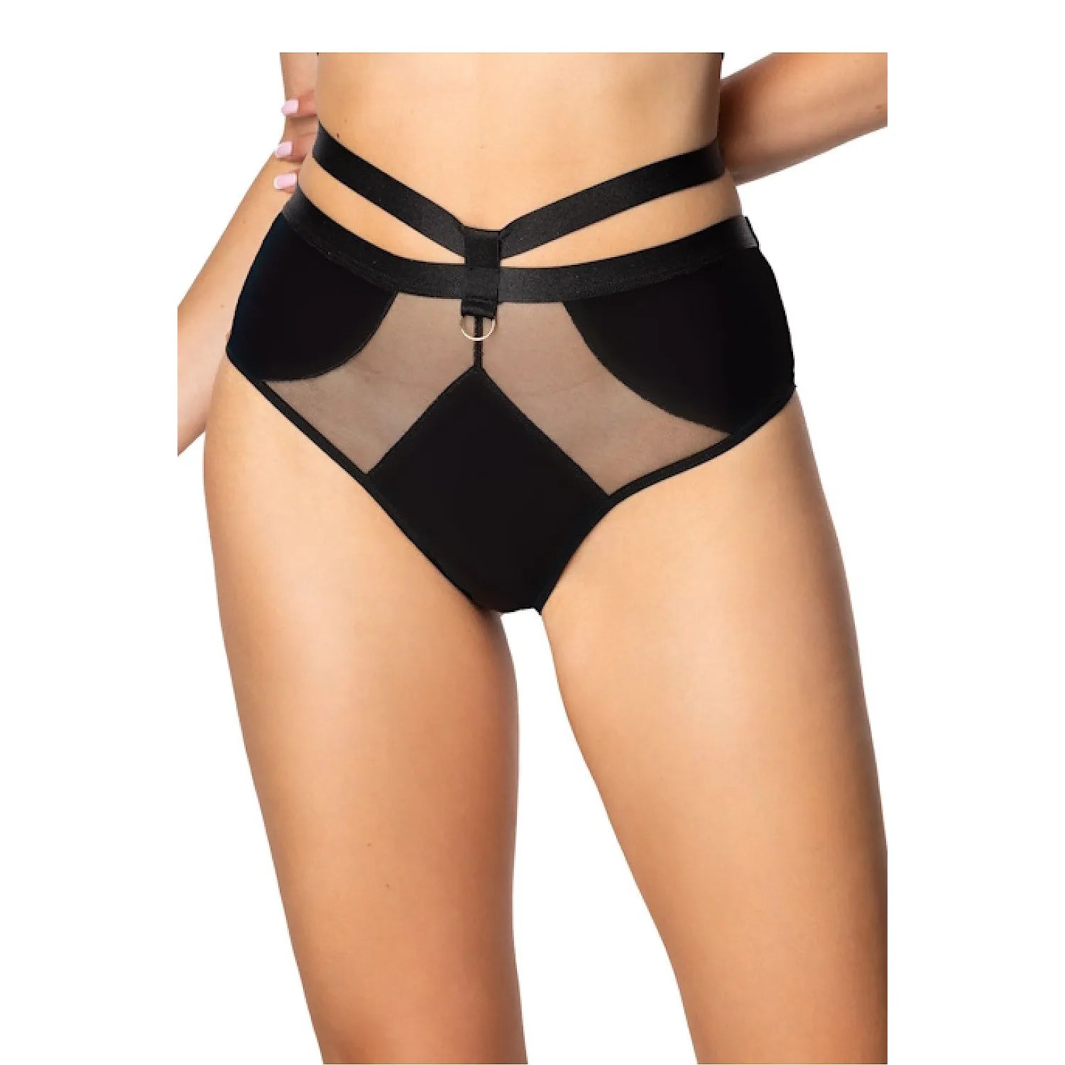 Culotte érotique taille haute avec mesh transparent et anneau métallique - Lingerie sexy féminine - Design moderne et confortable pour femmes