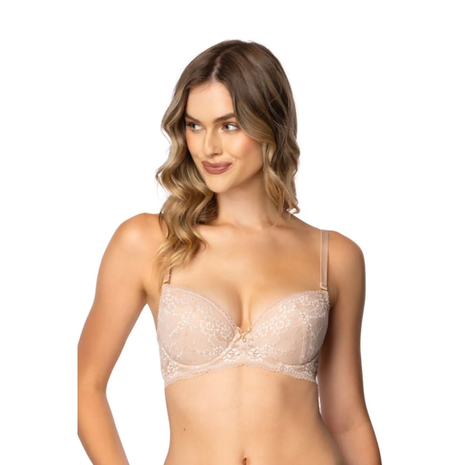 Ensemble lingerie dentelle florale beige, soutien-gorge et culotte taille haute, confort et élégance féminine.