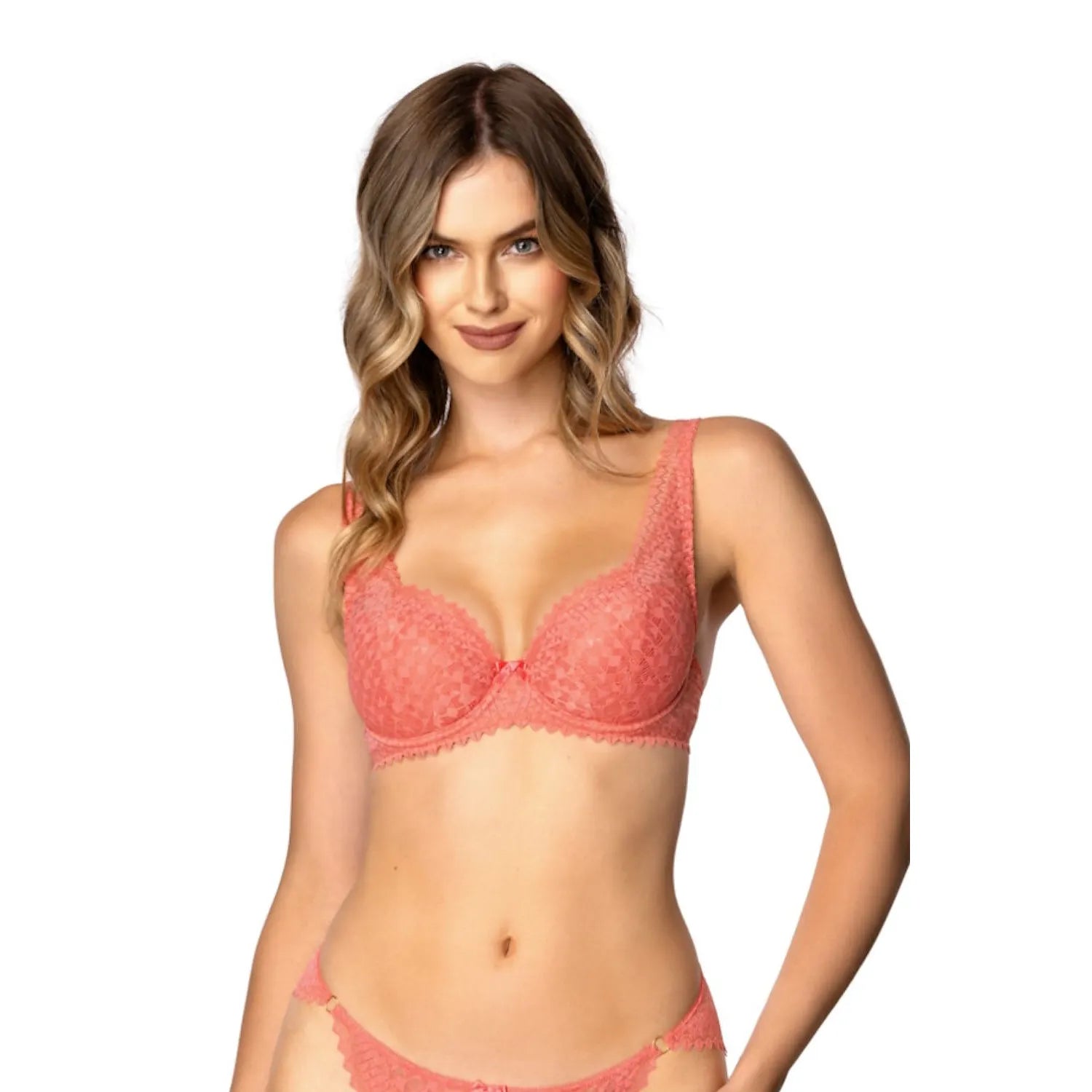 Ensemble lingerie rose corail dentelle, corset ajustable, soutien-gorge armatures, culotte semi-transparente, nœud décoratif.