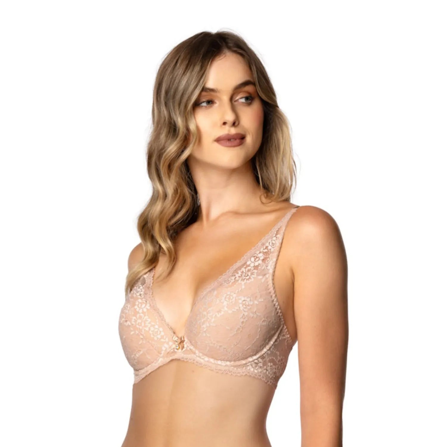 Ensemble lingerie dentelle florale nude, soutien-gorge triangle à armatures, string tanga élégant féminin.