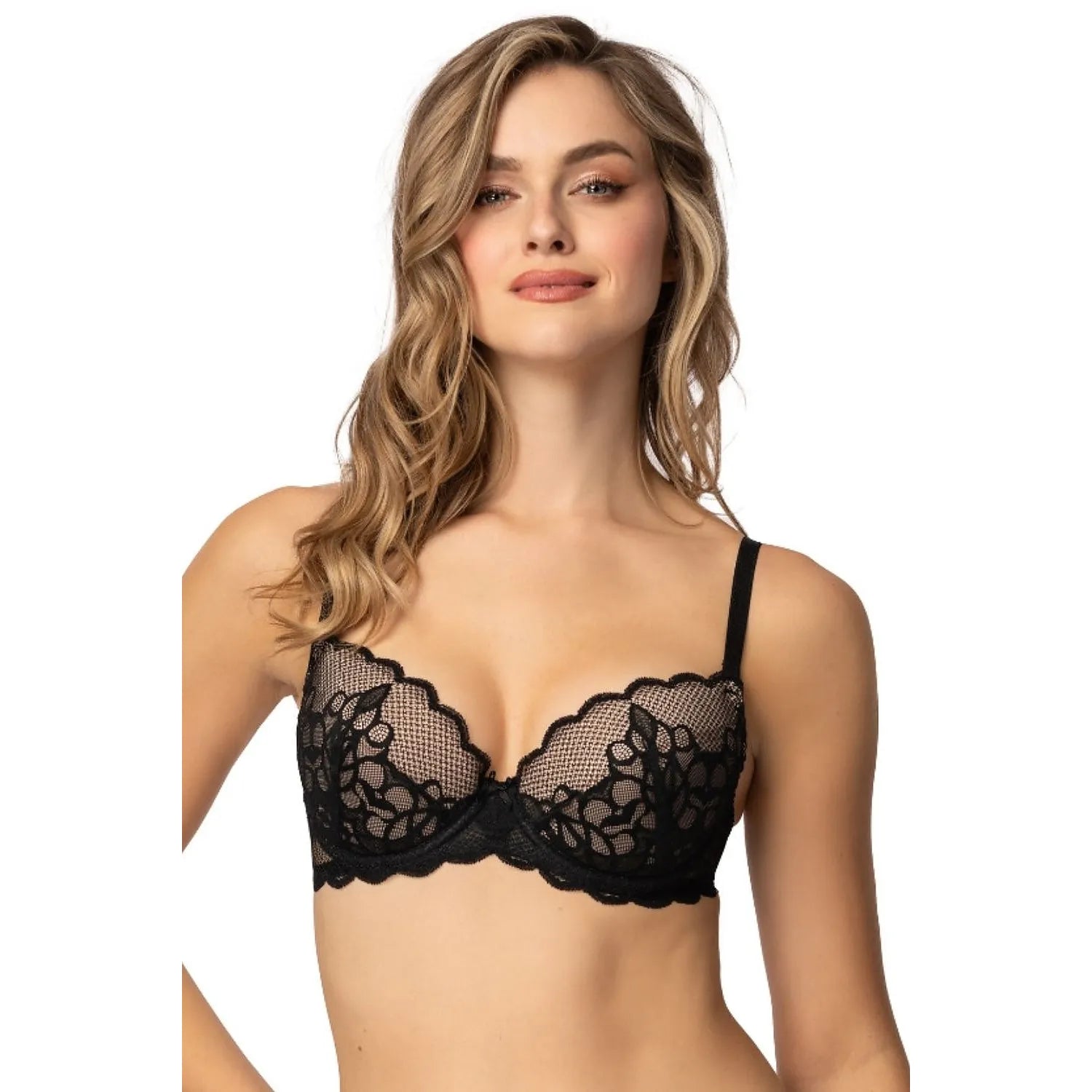 Ensemble lingerie noire dentelle florale, soutien-gorge push-up et culotte, féminin et élégant, taille ajustable.