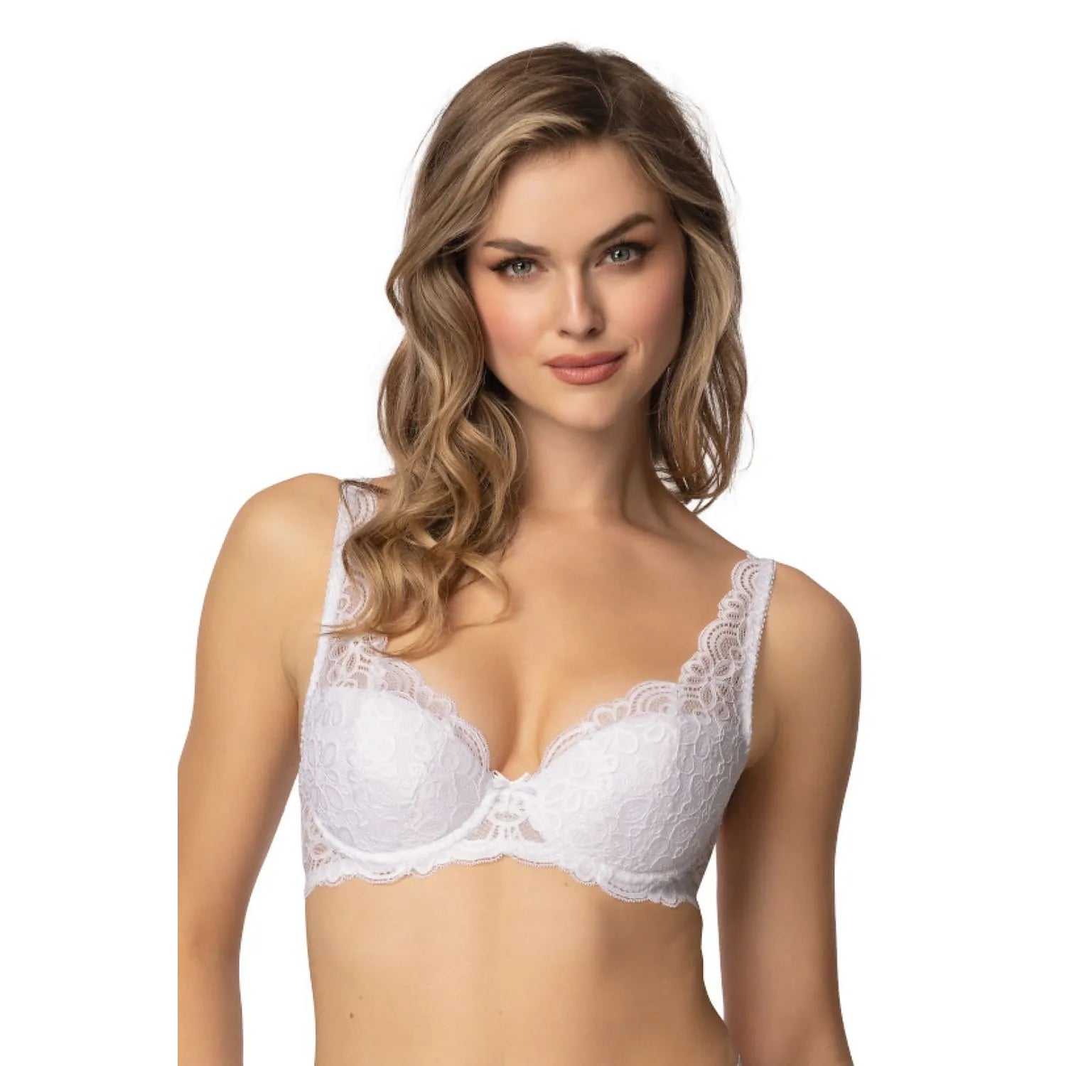 Ensemble lingerie dentelle florale blanche, soutien-gorge rembourré, culotte taille haute, élégance féminine.