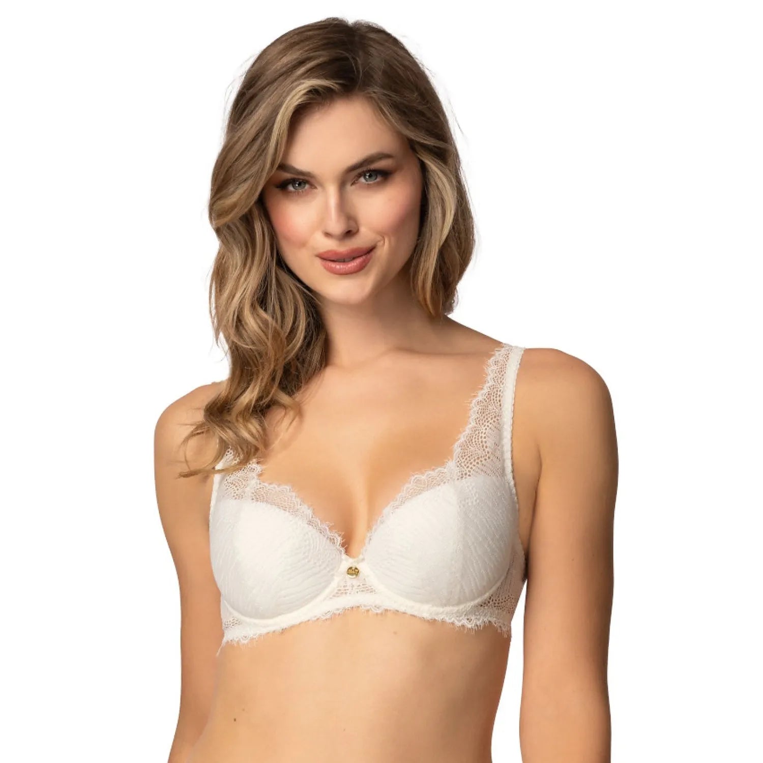 Ensemble lingerie dentelle blanche, soutien-gorge push-up avec armatures, bretelles réglables, culotte taille moyenne.