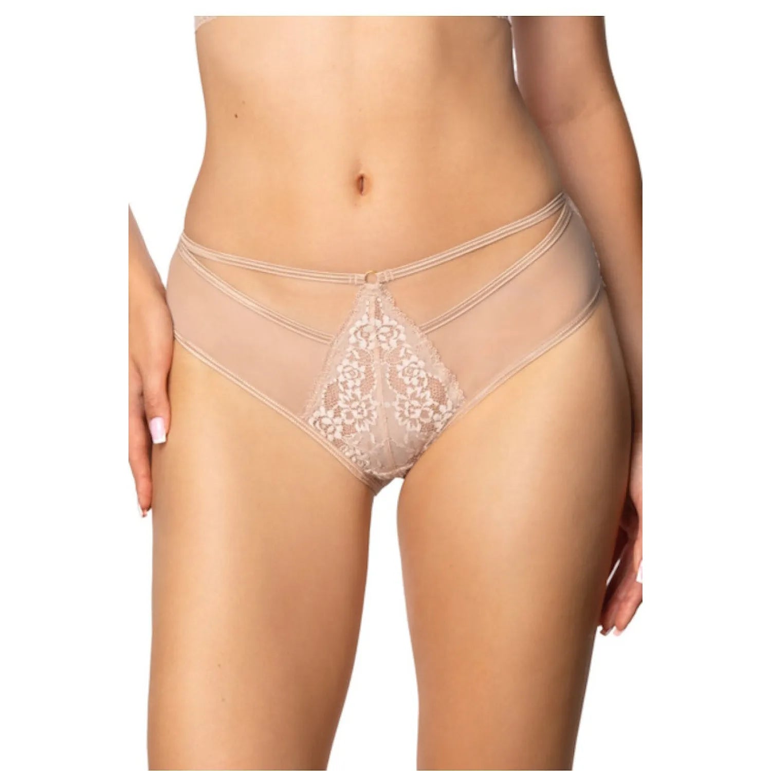 Culottes dentelle florale beige ajustées extensibles lingerie féminine élégante sensuelle tulle transparentes bandes maintien confort respirabilité anneau décoratif intemporelles durables