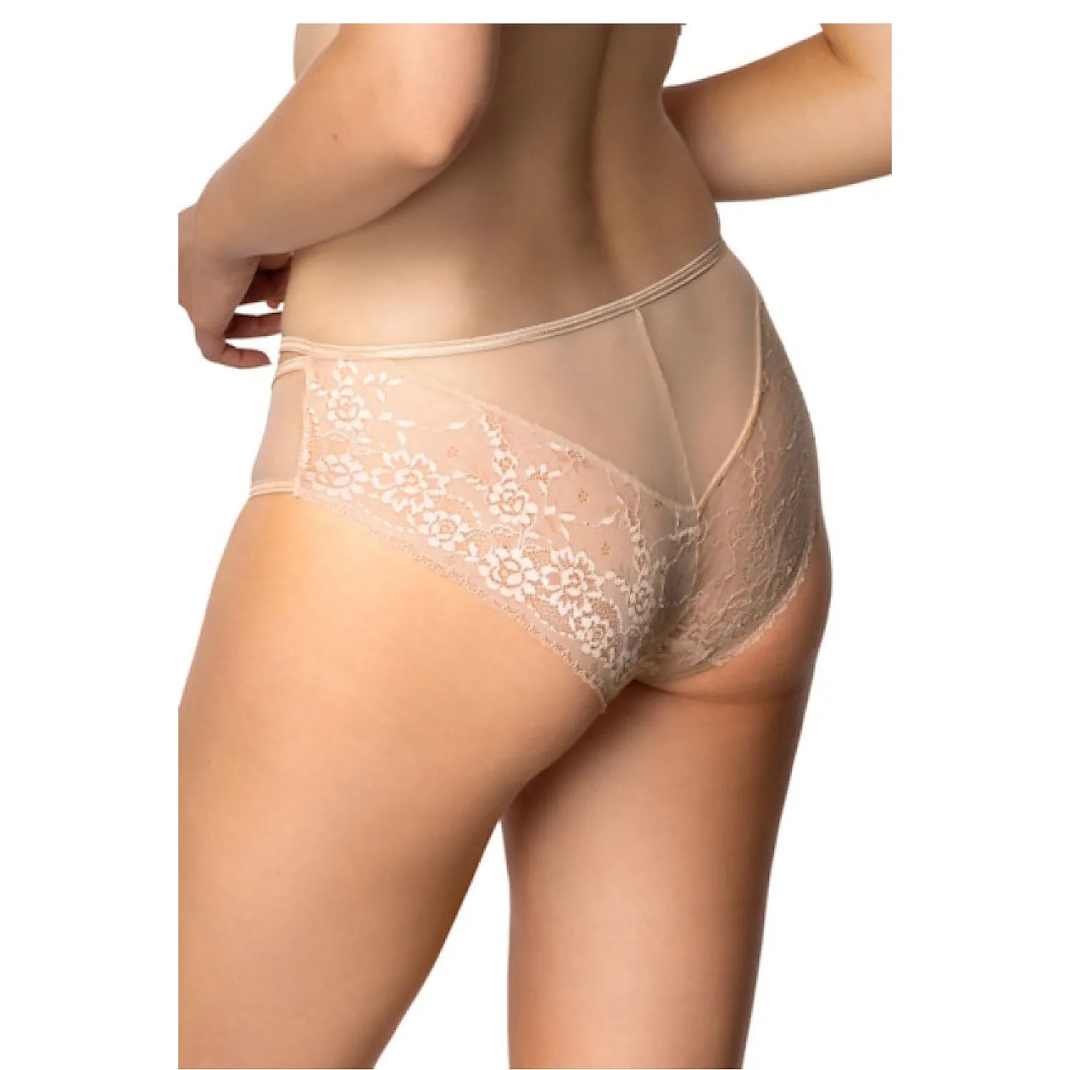 Culotte beige en dentelle florale ajustée, tulle transparent, anneau décoratif, élégance et confort respirant.