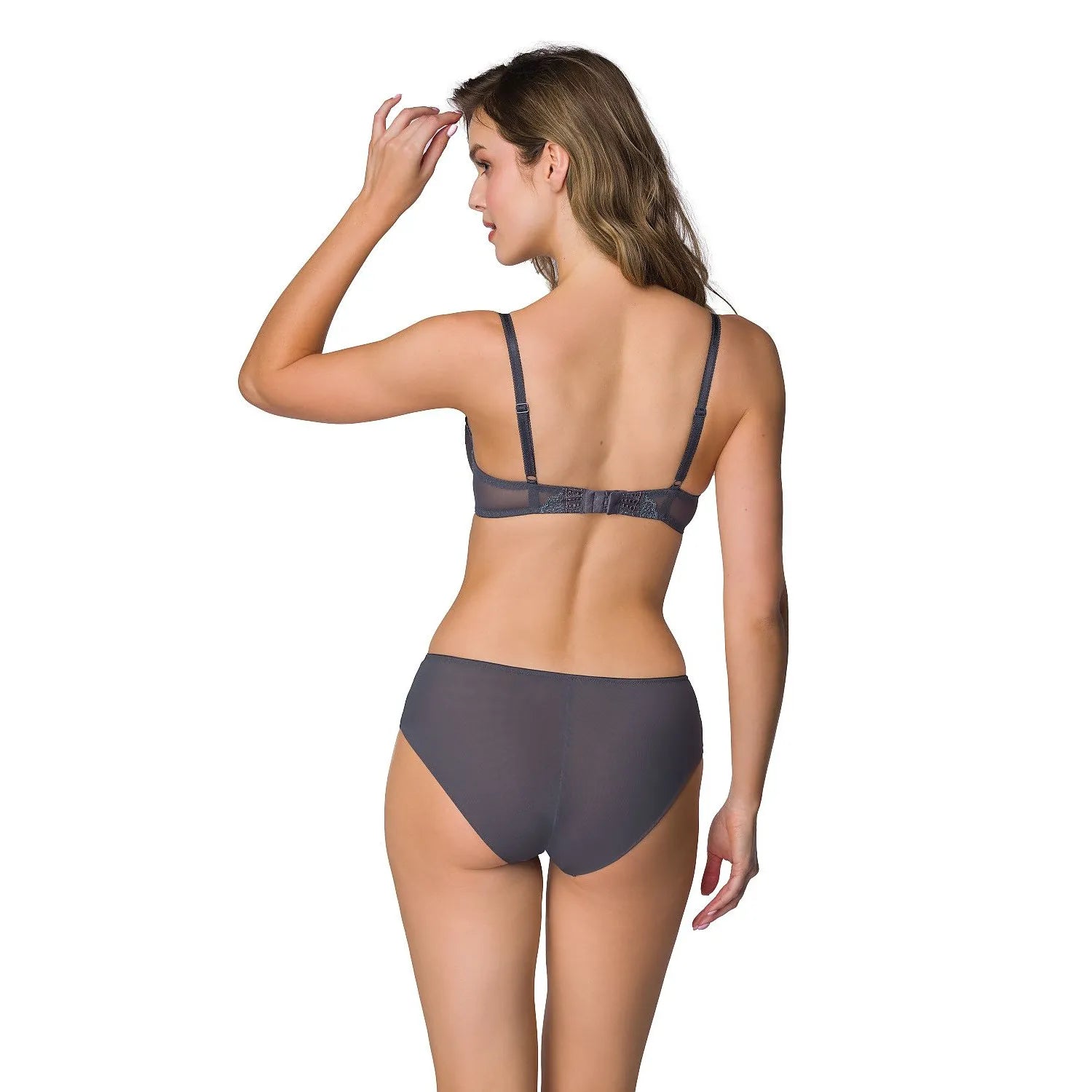 Culottes Melisande gris anthracite, dentelle et tulle brodé, confort quotidien, élégance et sensualité raffinée.