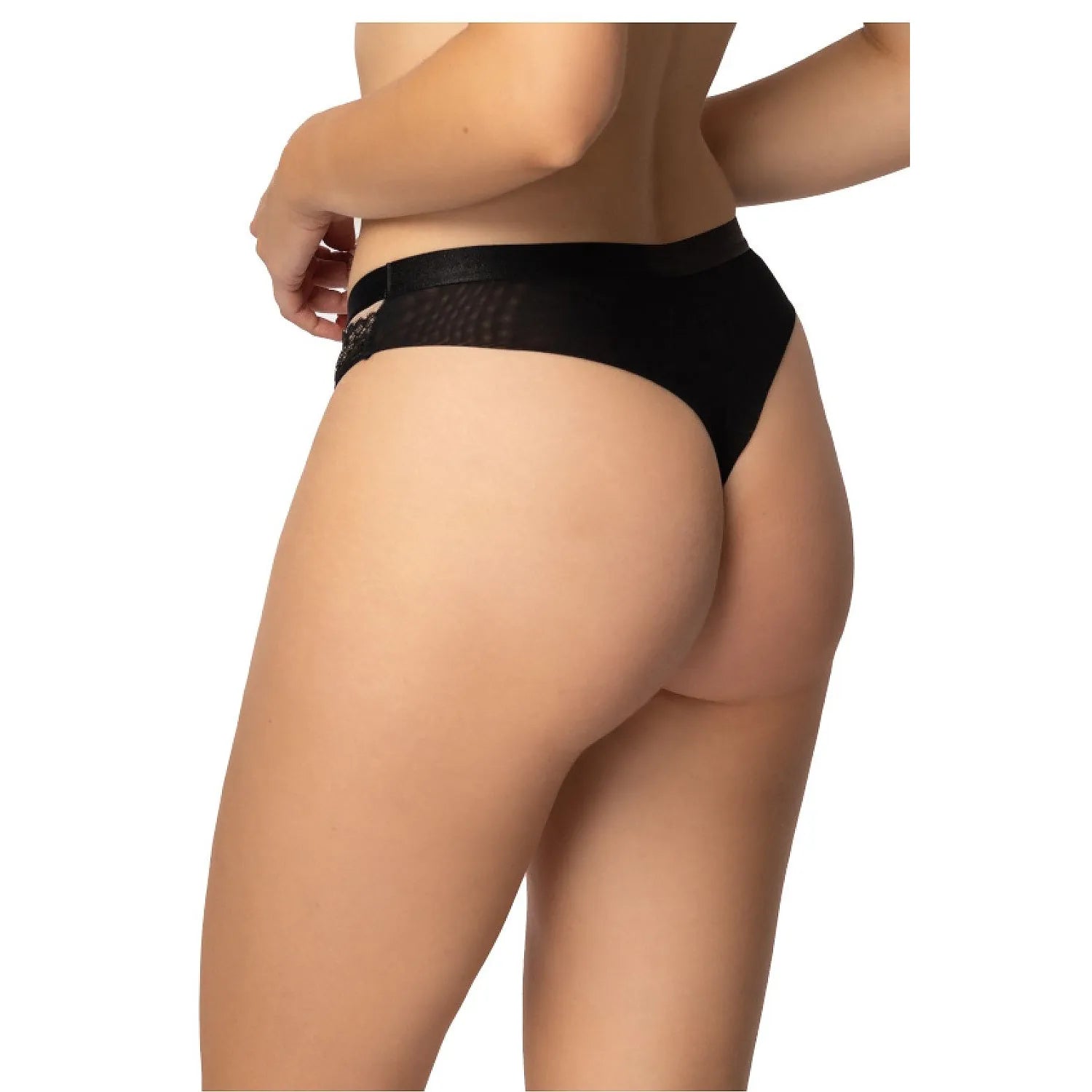 Culotte en dentelle noire échancrée, tissu opaque et transparent, design seconde peau, confort et élégance féminine.