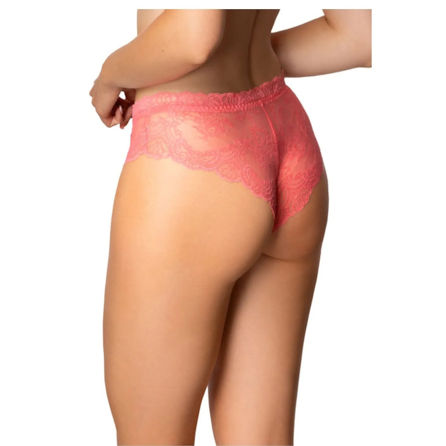 Culotte brésilienne rose vif en dentelle transparente, taille basse, nœud avant, coupe ajustée, élégance et confort.