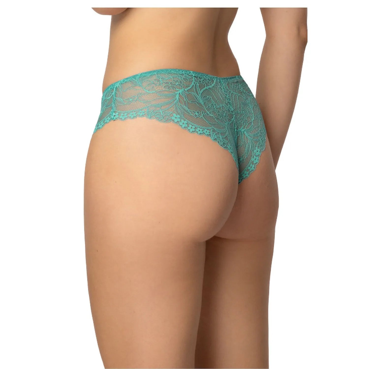 Culottes brésiliennes dentelle florale vert émeraude, ajustement parfait, élégance et sensualité pour lingerie féminine.