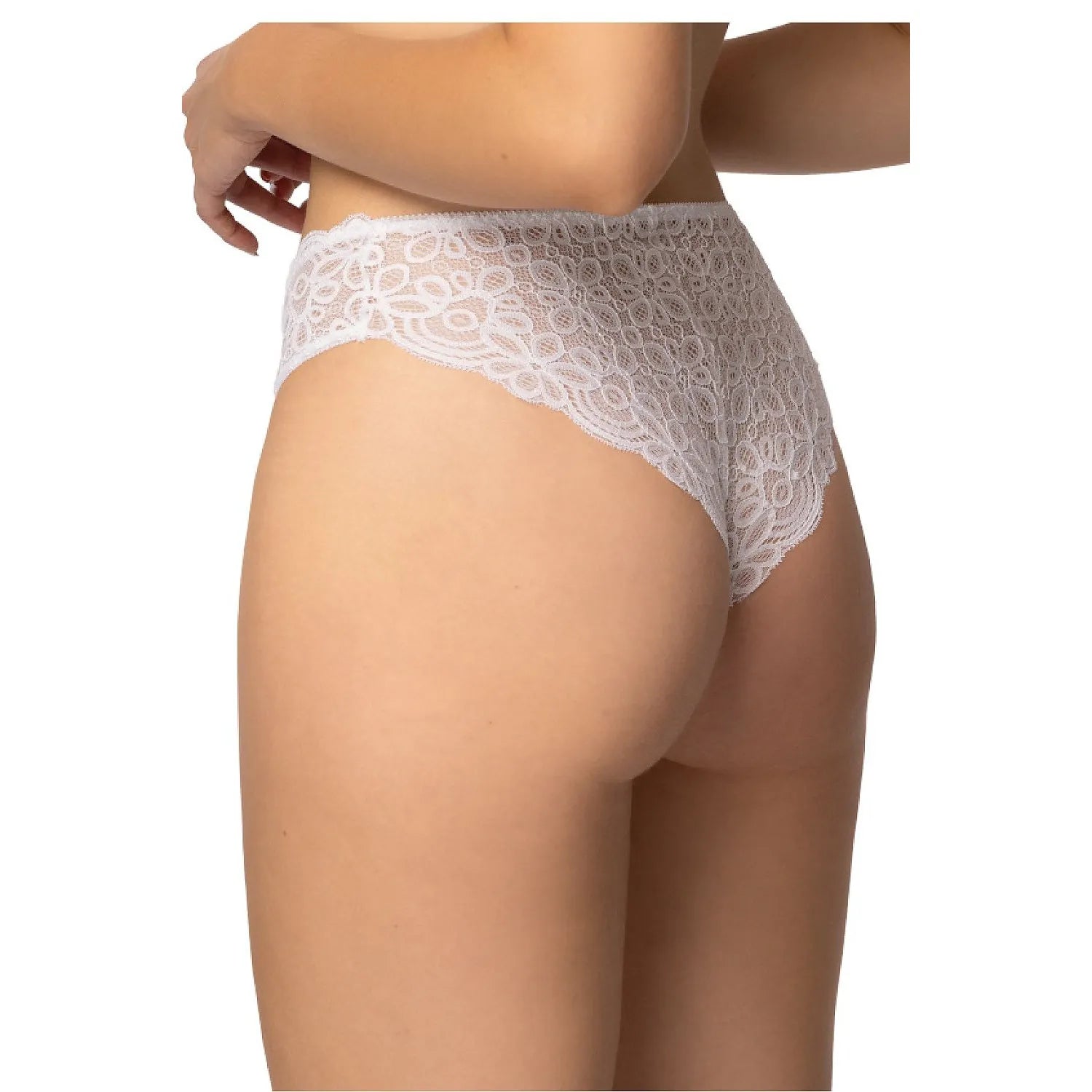 Culottes brésiliennes en dentelle blanche, motif floral, taille haute, coupe échancrée, lingerie féminine élégante.