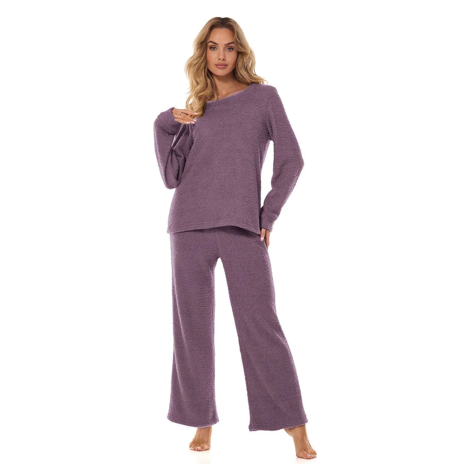 Ensemble L&L collection 219330 pour femme en tissu moelleux couleur lavande haut manches longues pantalon large intérieur relaxant