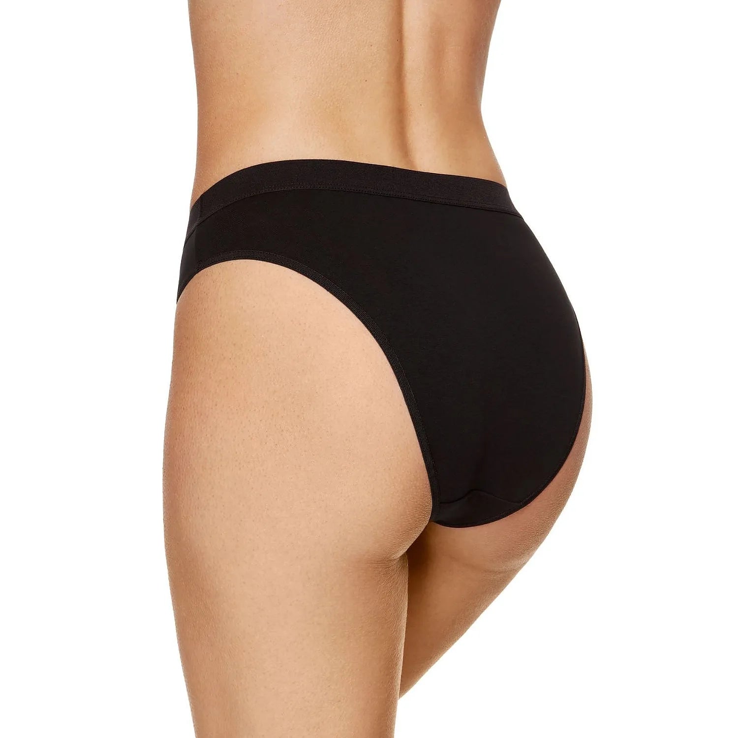 Culotte noire en coton biologique, coupe bikini échancrée, confortable et durable, vue arrière sur mannequin.