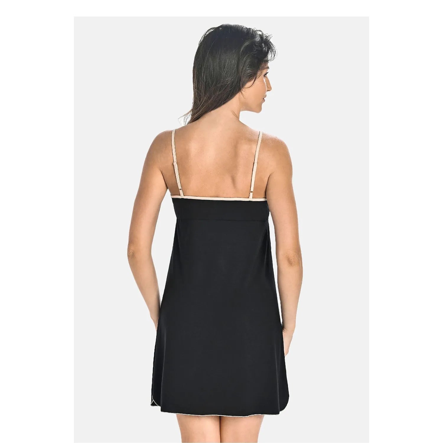 Chemise de nuit noire satinée, coupe A, bretelles réglables, design épuré, vue de dos, élégance et confort.