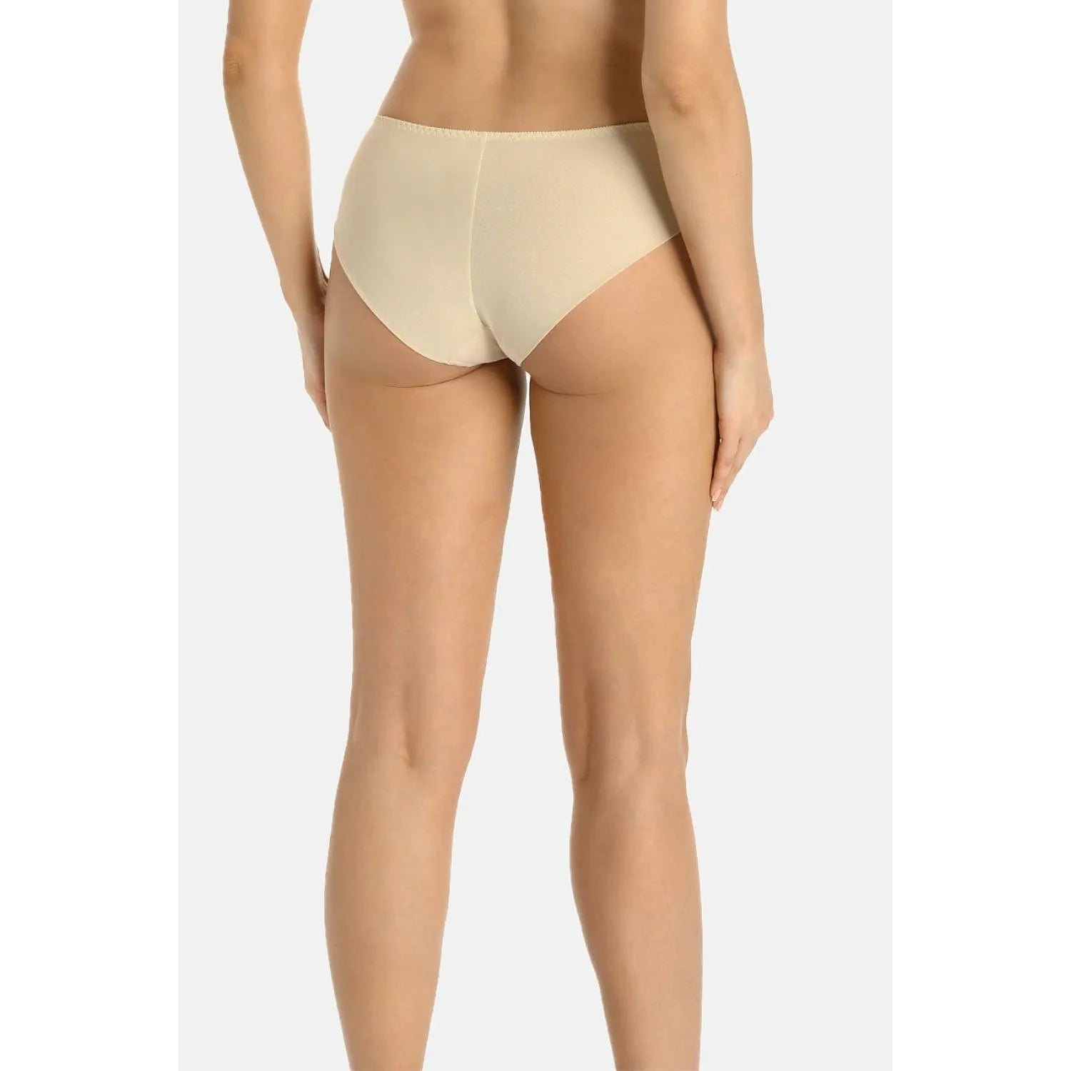 Culotte taille haute beige en maille transparente, design élégant, confort optimal, silhouette lissée, lingerie féminine.