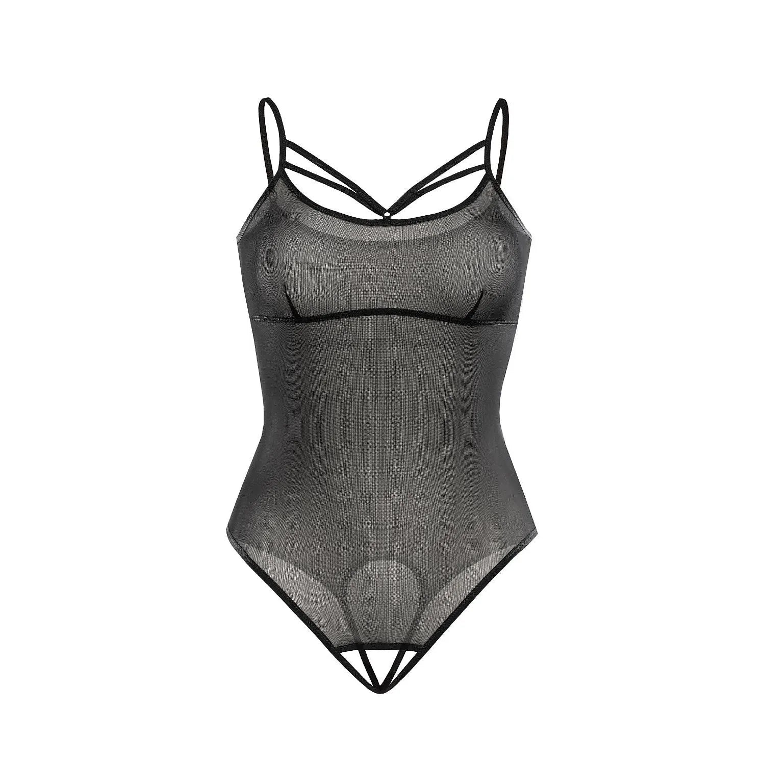 Body érotique transparent en mesh noir bretelles fines ouverture entrejambe haute taille lingerie sexy femmes