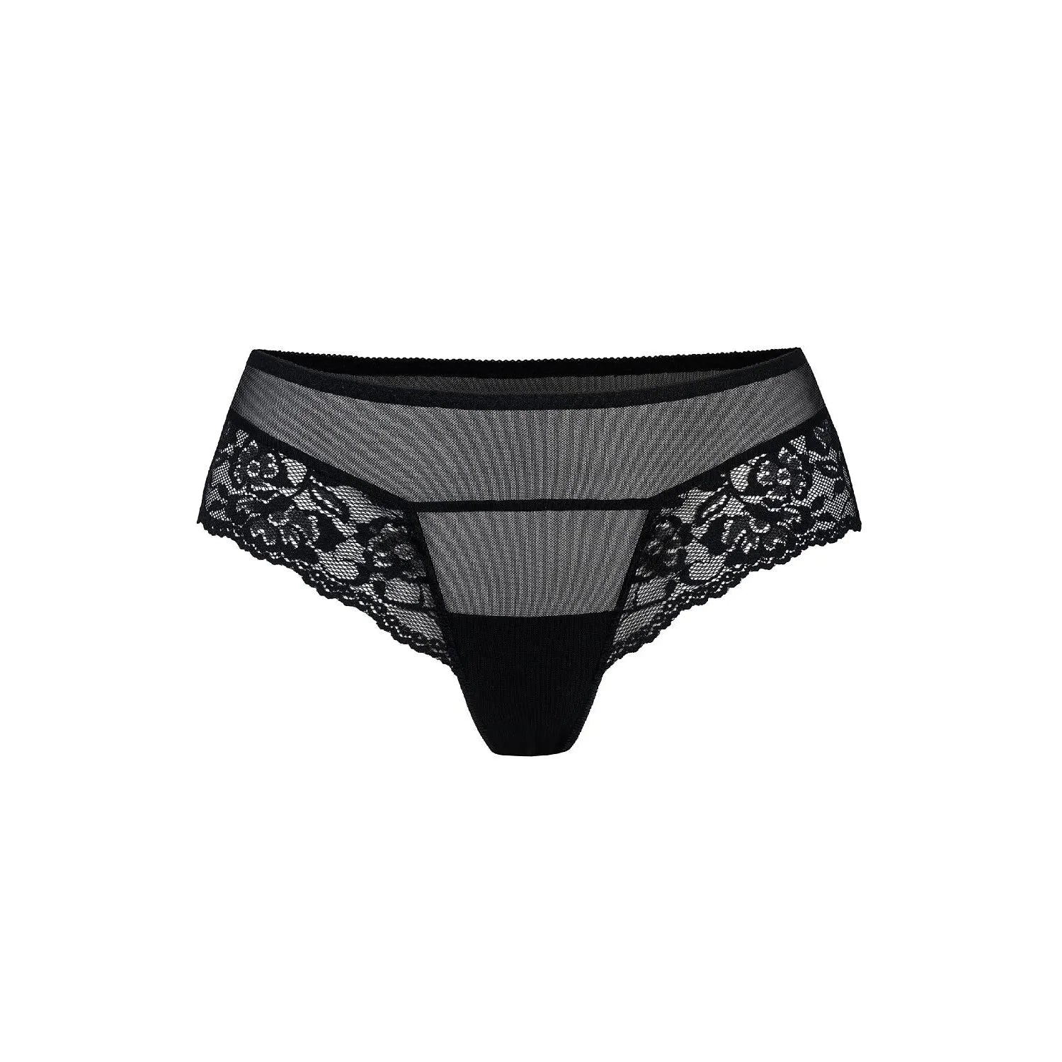 Culotte brésilienne noire en dentelle florale Teyli, mailles transparentes, élégante et confortable pour usage quotidien.