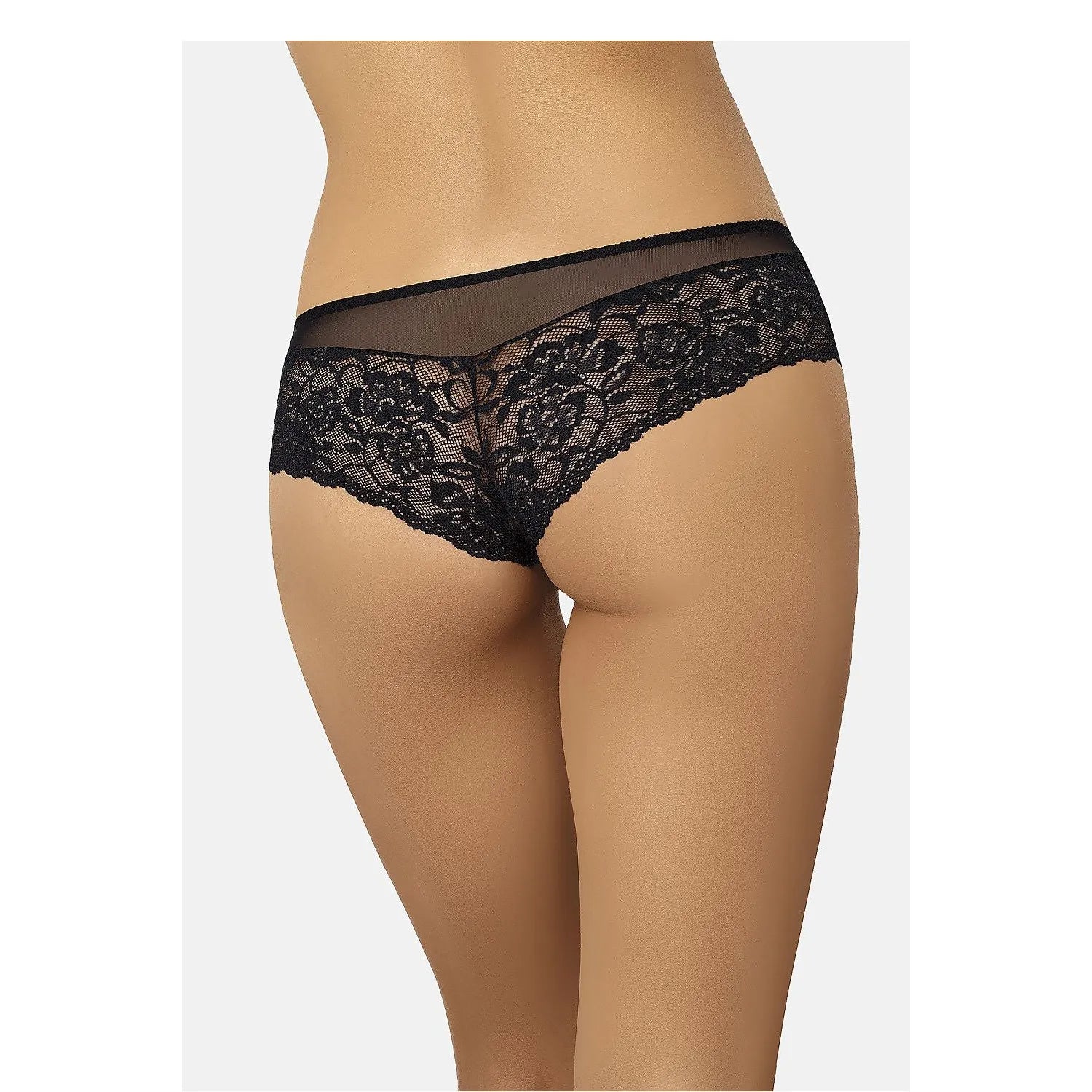 Culotte brésilienne noire en dentelle florale, maille transparente, élégante et confortable, idéale pour le quotidien.
