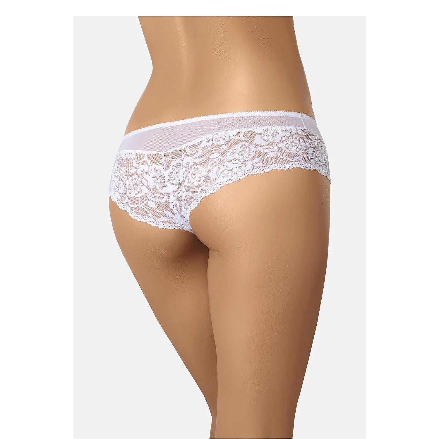 Culotte brésilienne blanche en dentelle florale et maille transparente, élégante et sophistiquée, vue de dos.