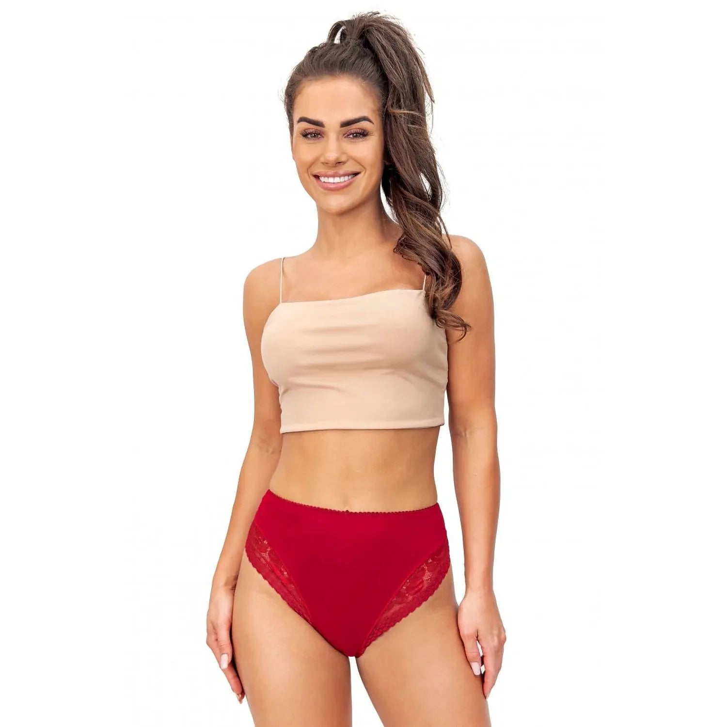 Ensemble lingerie sexy haut court culotte dentelle rouge viscose bretelles fines coupe moderne couleur chair taille haute élasticité confortable finitions