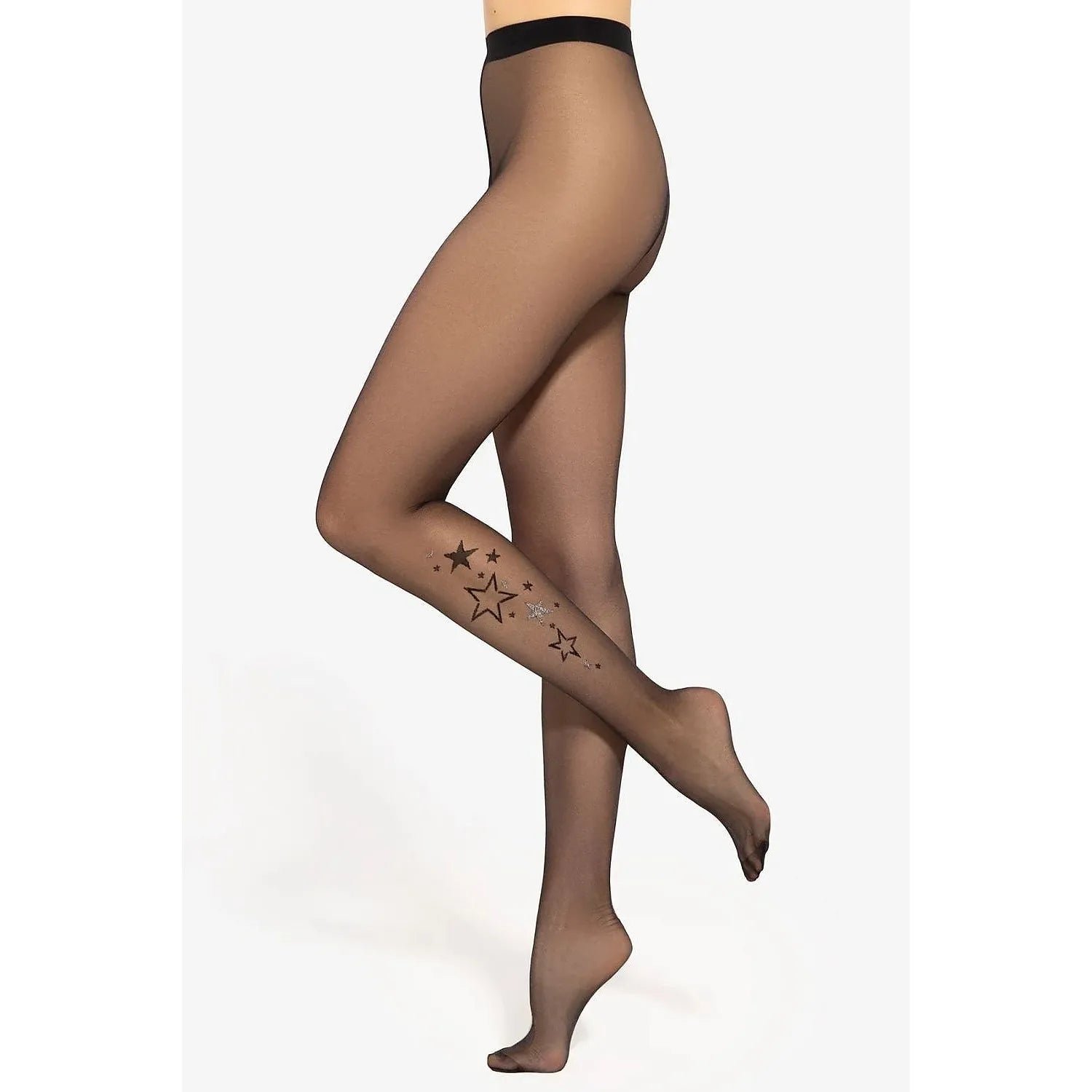 Collants brillants 20 DEN noirs, taille haute, motif étoilé délicat sur la jambe, élégance et confort pour toutes occasions.