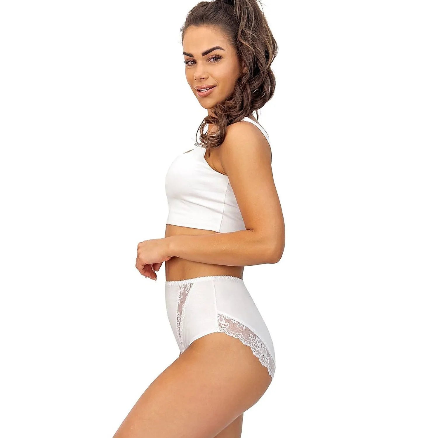Culottes taille haute en coton blanc avec dentelle, confort et élégance, modèle Donna 238, vue de profil.