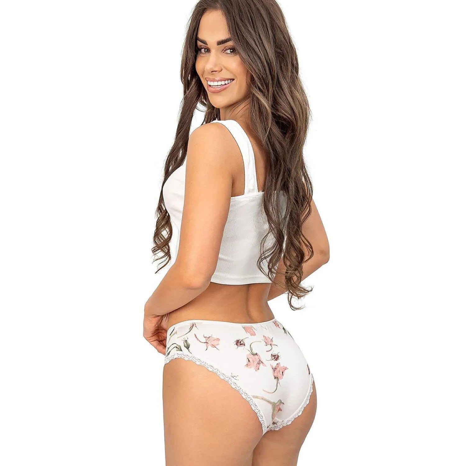 Culotte femme dentelle blanche à fleurs roses, taille moyenne, confort élasthanne, élégance et féminité assurées.