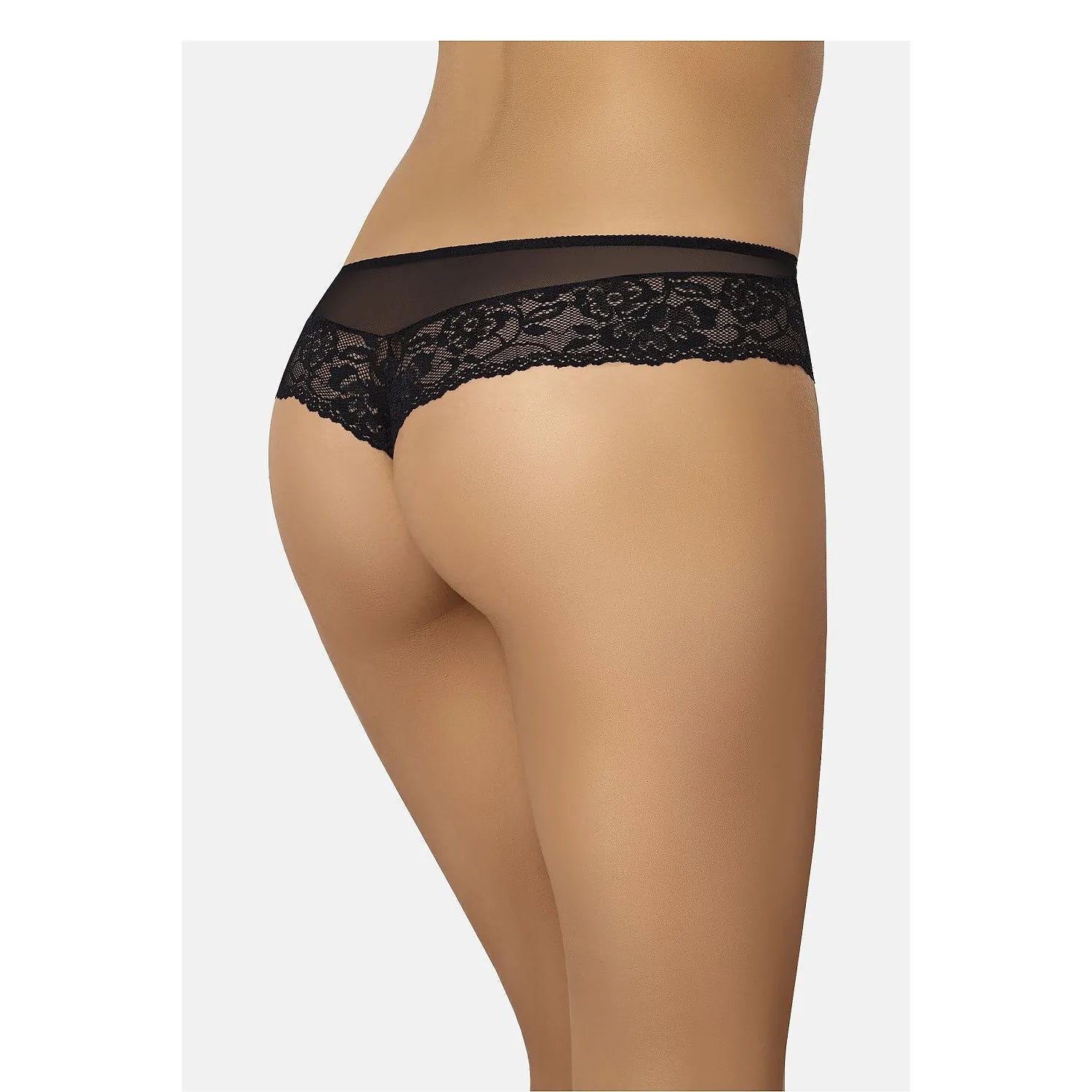 Culotte brésilienne en dentelle noire, élégante et confortable, mettant en valeur la silhouette féminine.