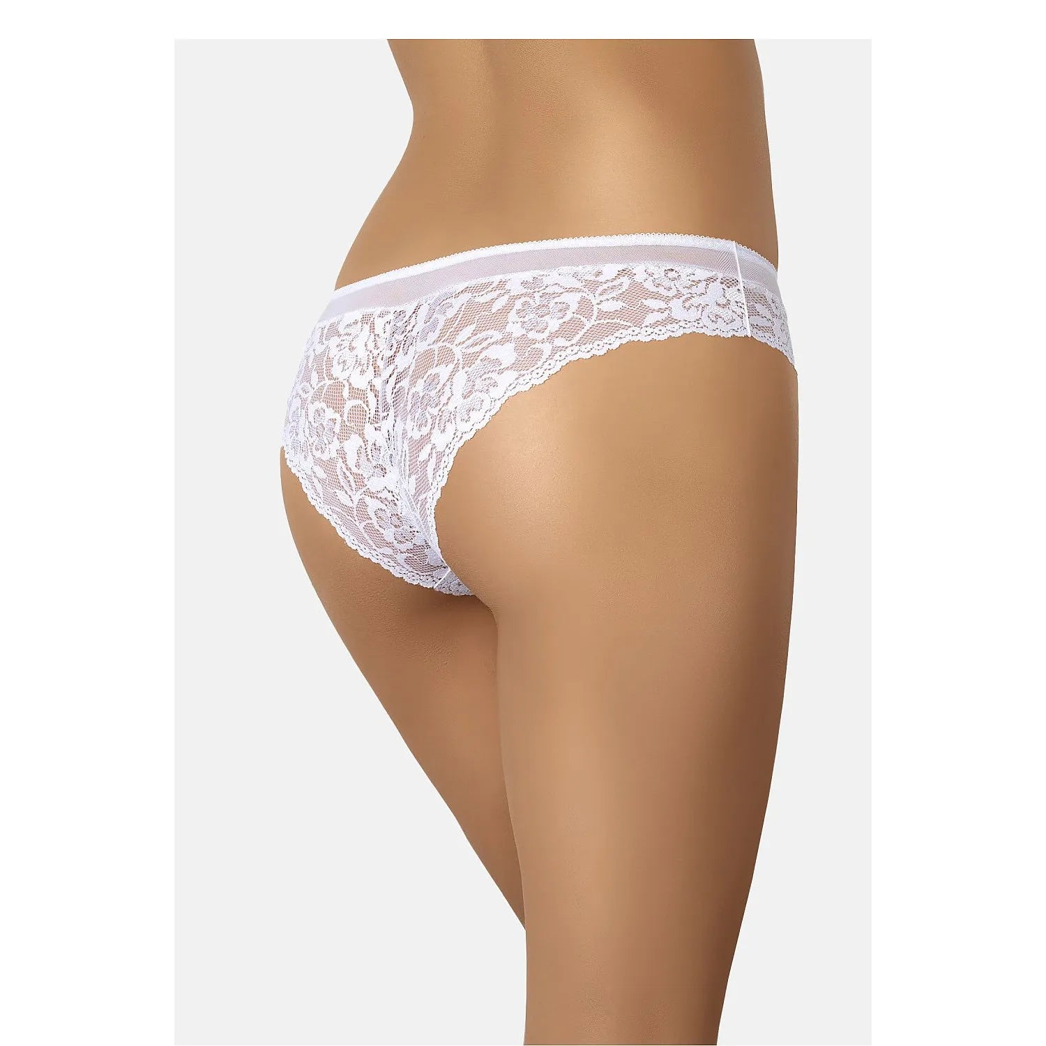 Culotte brésilienne en dentelle blanche motif roses, élégante et sexy, pour femme, vue de dos, Teyli 228814.