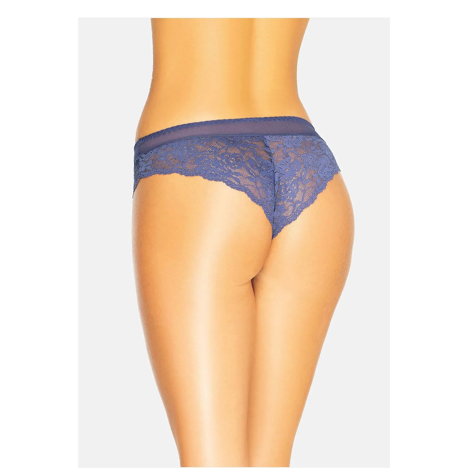 Culotte brésilienne dentelle bleu marine, motif végétal, élastique et confortable, vue arrière, élégance Teyli.