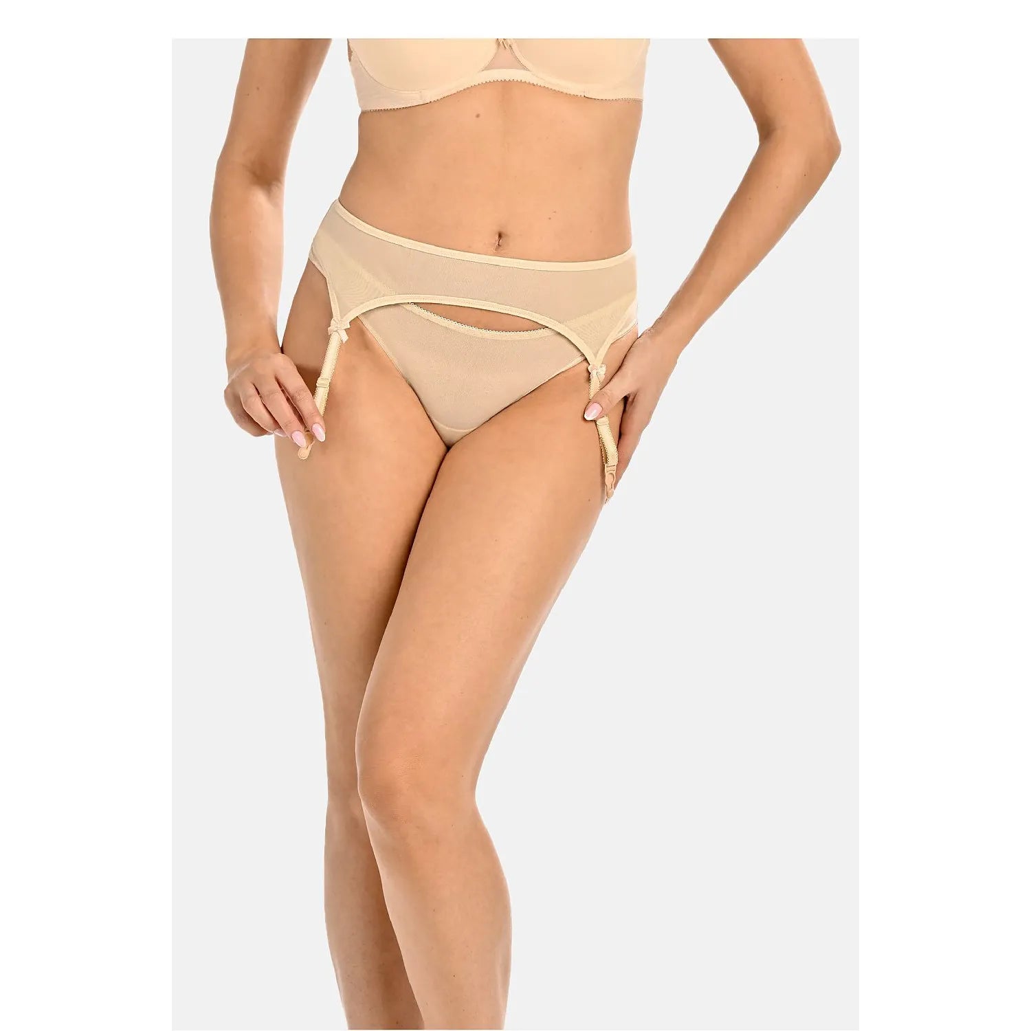 Ceinture porte-jarretelles beige en filet transparent ajustable élégante féminine