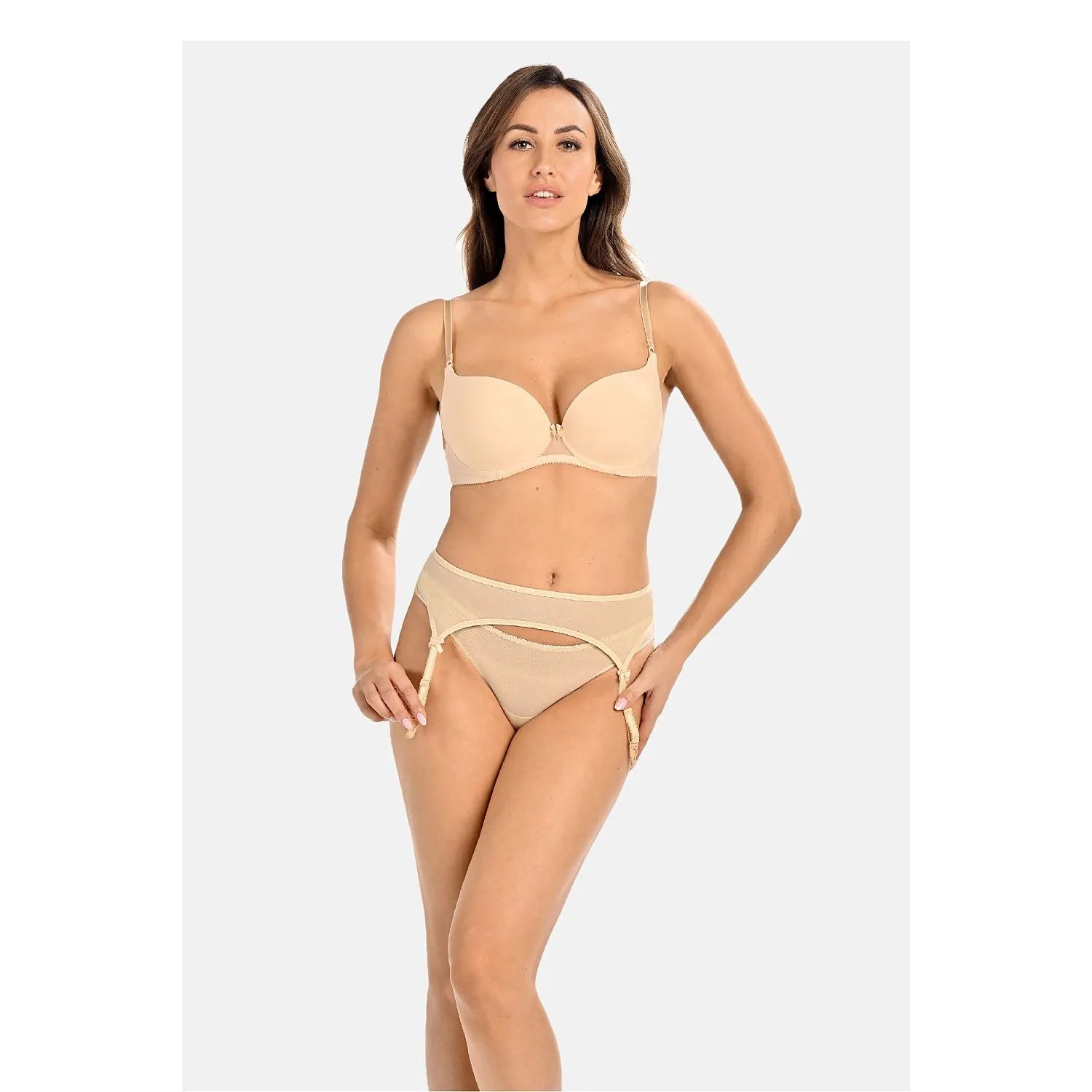 Ceinture porte-jarretelles beige en filet transparent, ajustable, élégante, féminine, sublimant la silhouette.