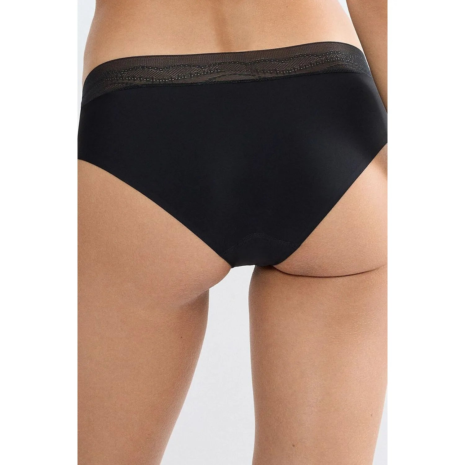 Culotte noire en microfibre avec dentelle recyclée, coupe hipster, invisible sous vêtements, élégante et confortable.