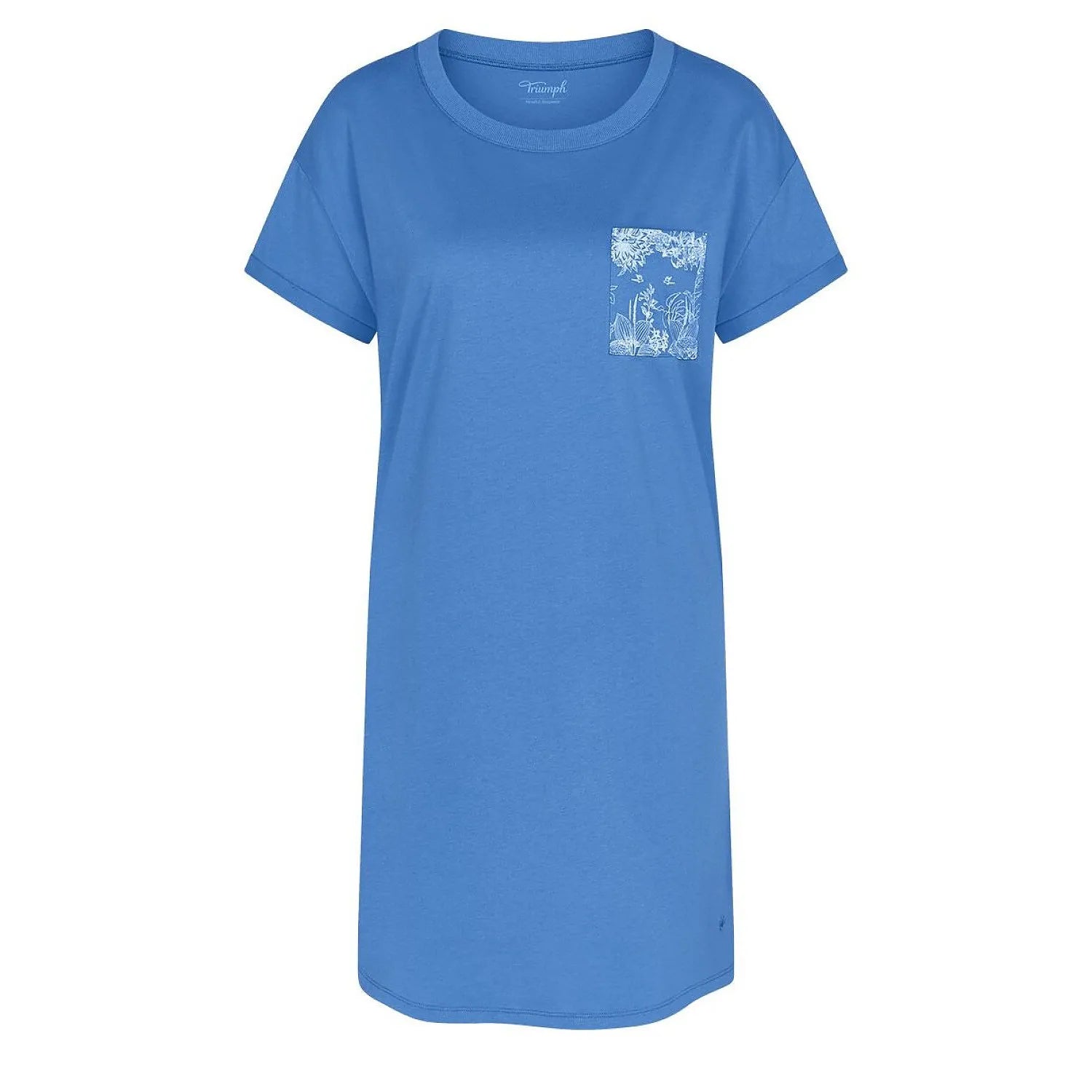 Chemise de nuit bleue côtelée en coton doux, manches courtes, poche poitrine à motif floral, style moderne décontracté.