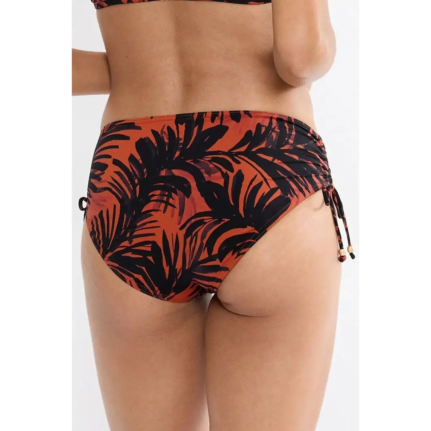 Bas de maillot de bain femme orange à motifs noirs, coupe moyenne, détails métalliques recyclés, style moderne et conforta...