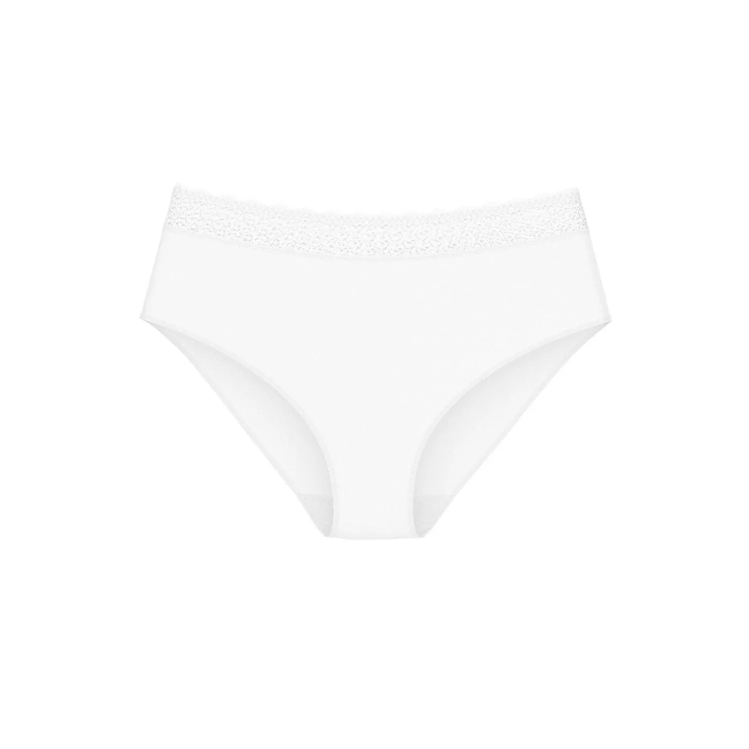 Culotte invisible blanche Triumph, dentelle recyclée, confort soyeux, respirabilité optimale, design élégant et discret.