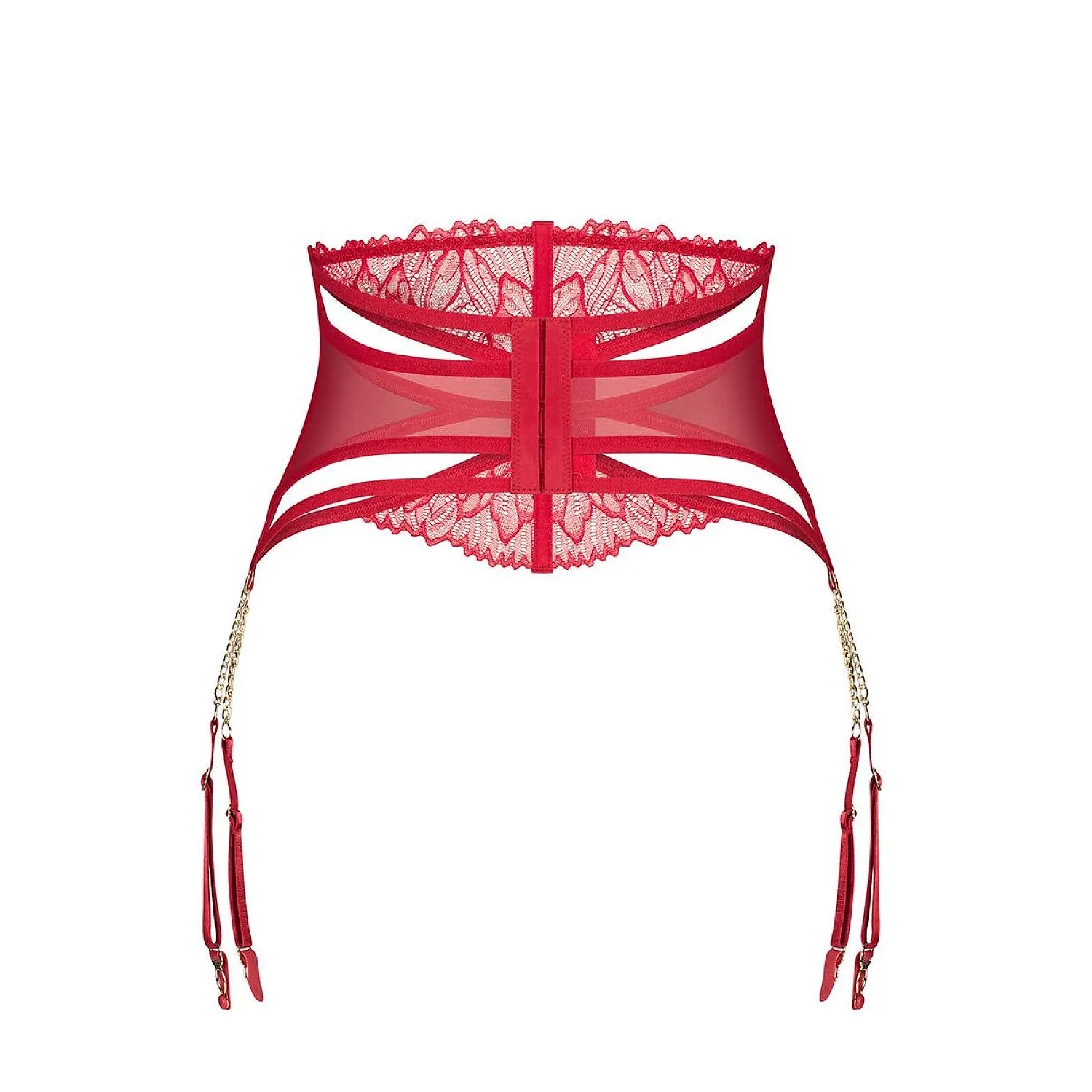Ceinture jarretelles rouge en dentelle et mesh transparent, lanières décoratives, baleines verticales pour silhouette affi...