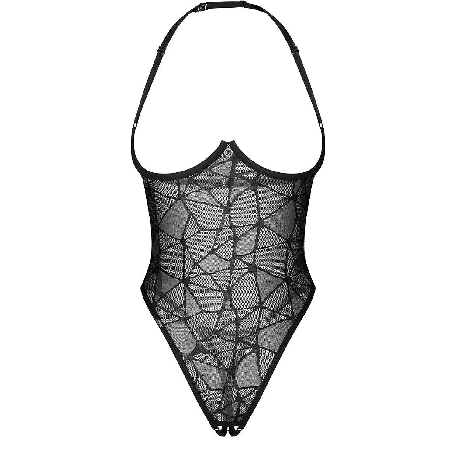 Body Olianna en maille transparente avec motif géométrique, buste dénudé sur armatures, coupe sensuelle et moderne.
