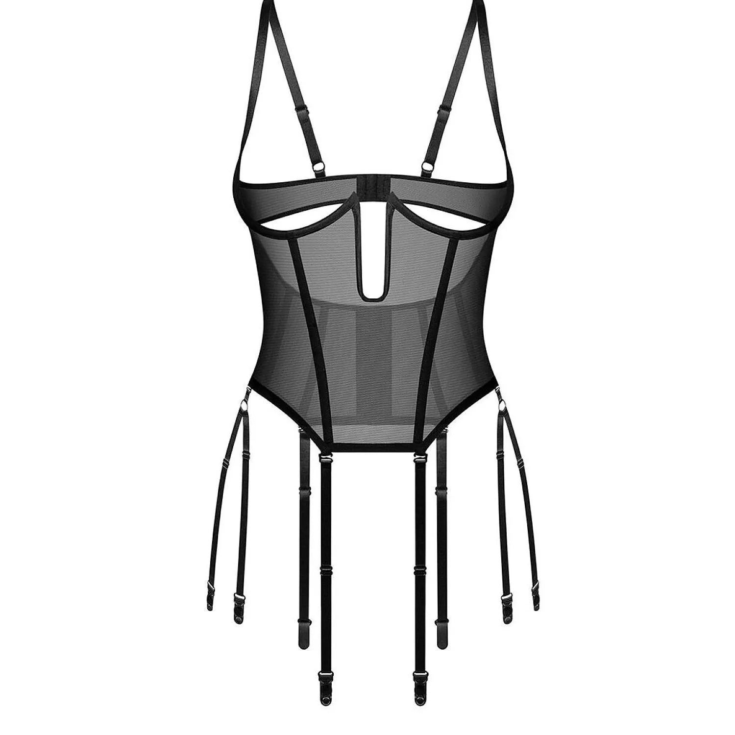 Corset noir semi-transparent Euphori, sans bonnets, avec baleines sous poitrine et jarretelles, style audacieux et élégant.