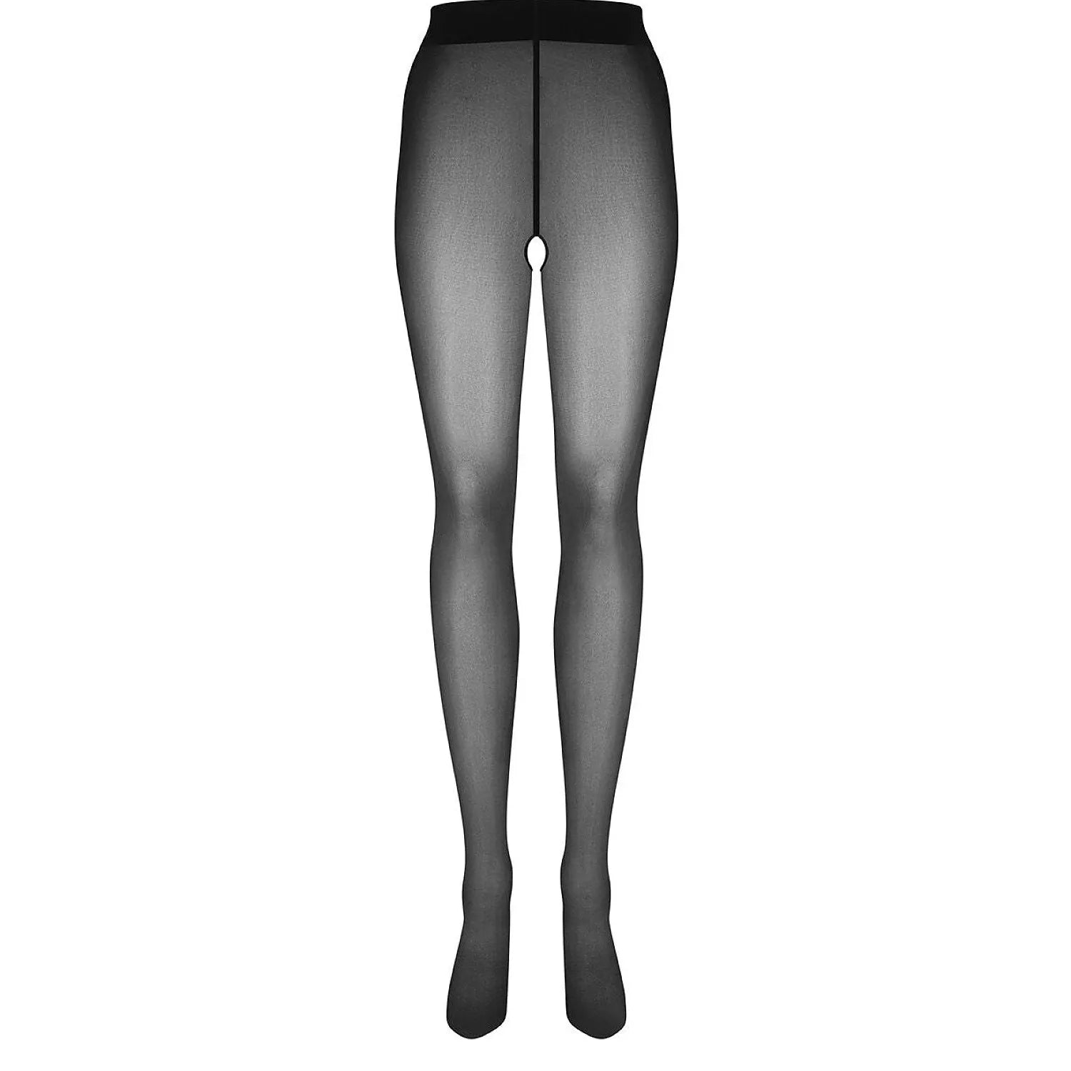 Collants noirs semi-transparents Obsessive, modèle 229837, avec construction ouverte et inscription distinctive.