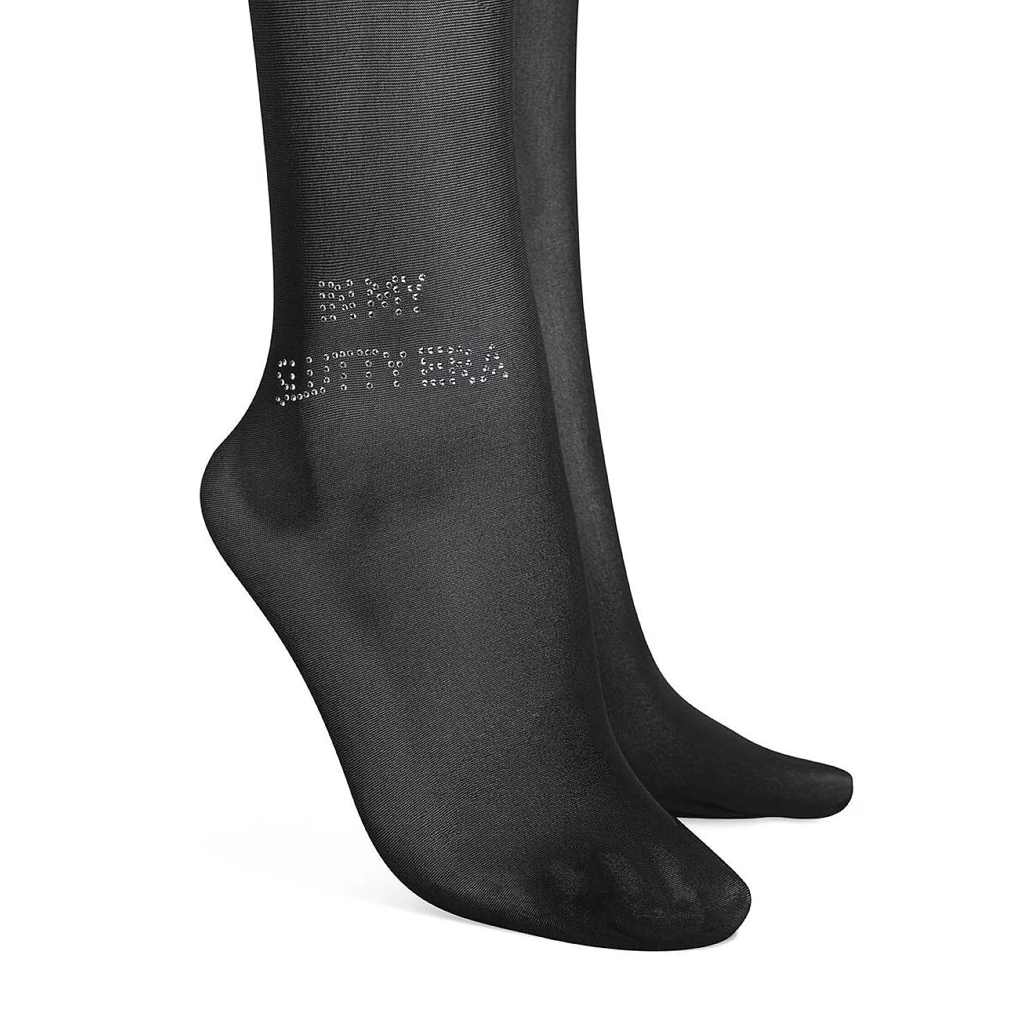 Collants noirs semi-transparents Obsessive, modèle Norless Era, avec inscription en strass, style audacieux et élégant.