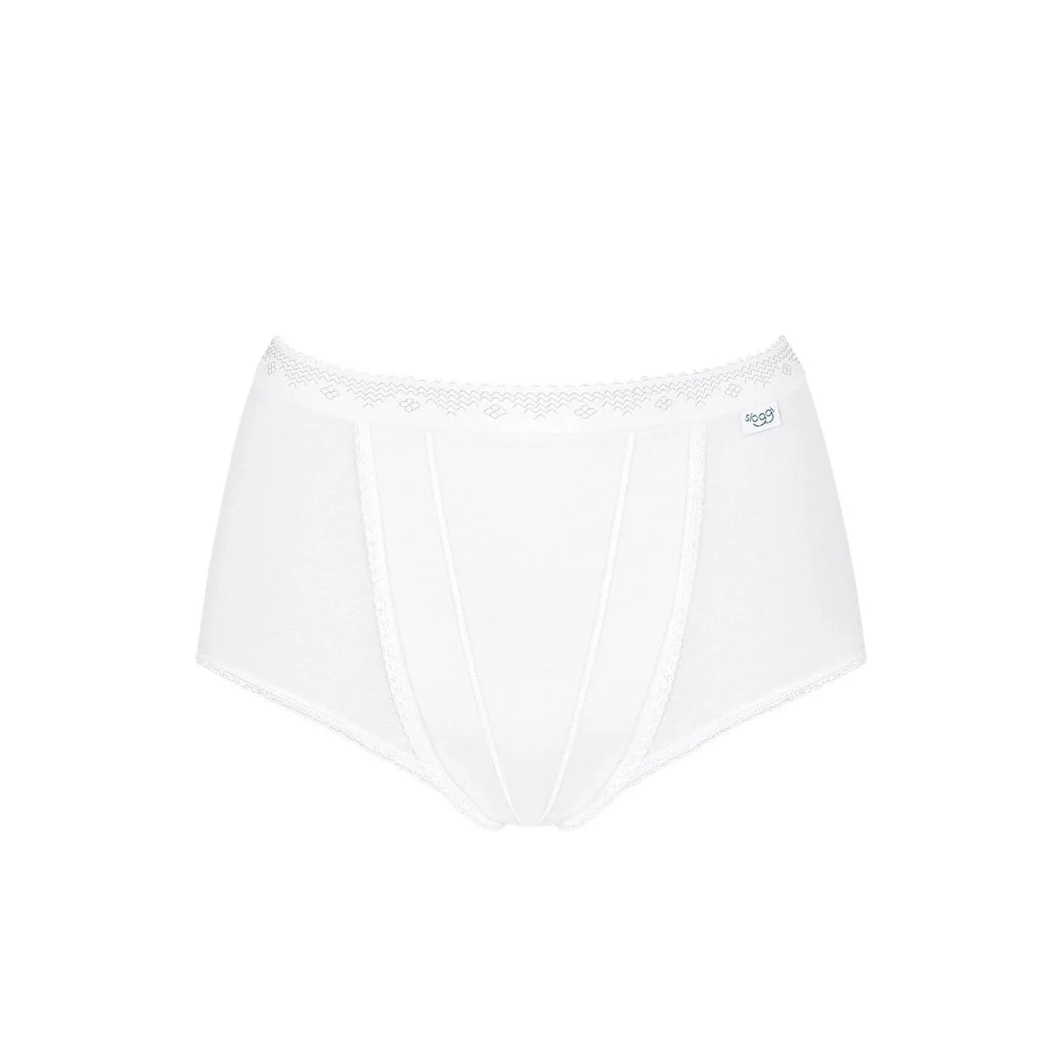 Culotte Sloggi blanche taille haute avec dentelle, coupe ample et côtés larges pour confort et maintien optimal.