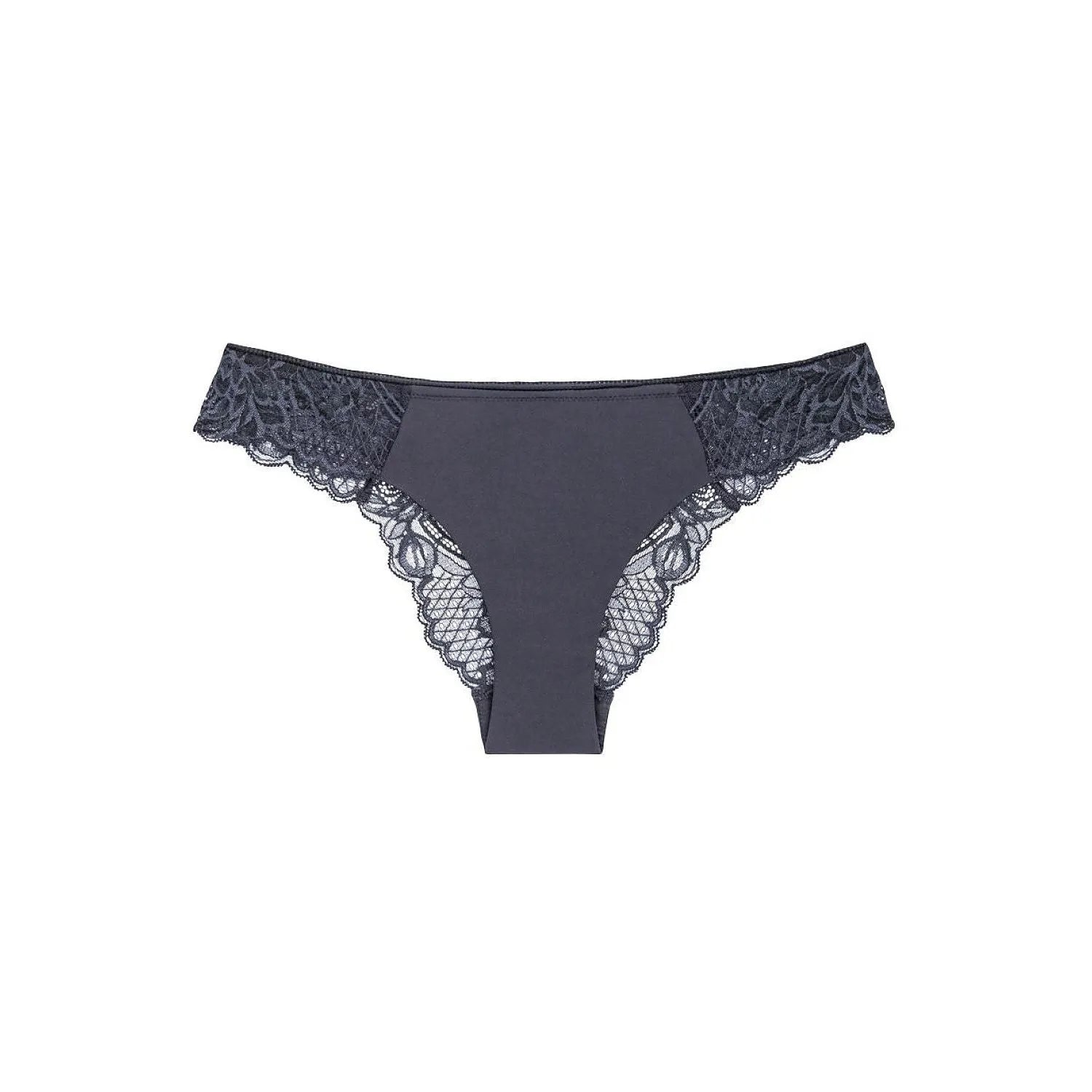 Culotte brésilienne Triumph noire, dentelle florale délicate à la taille, coupe féminine, dos en dentelle élégante.