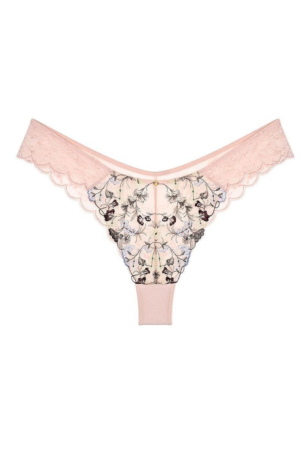 Culotte brésilienne Triumph rose avec broderie multicolore et dentelle, coupe haute élégante et raffinée.