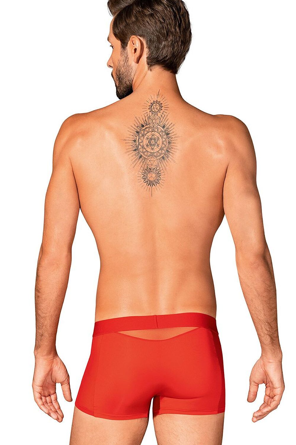 Boxer rouge ajusté Obsessive, dos semi-transparent, ceinture large, style moderne et sensuel.