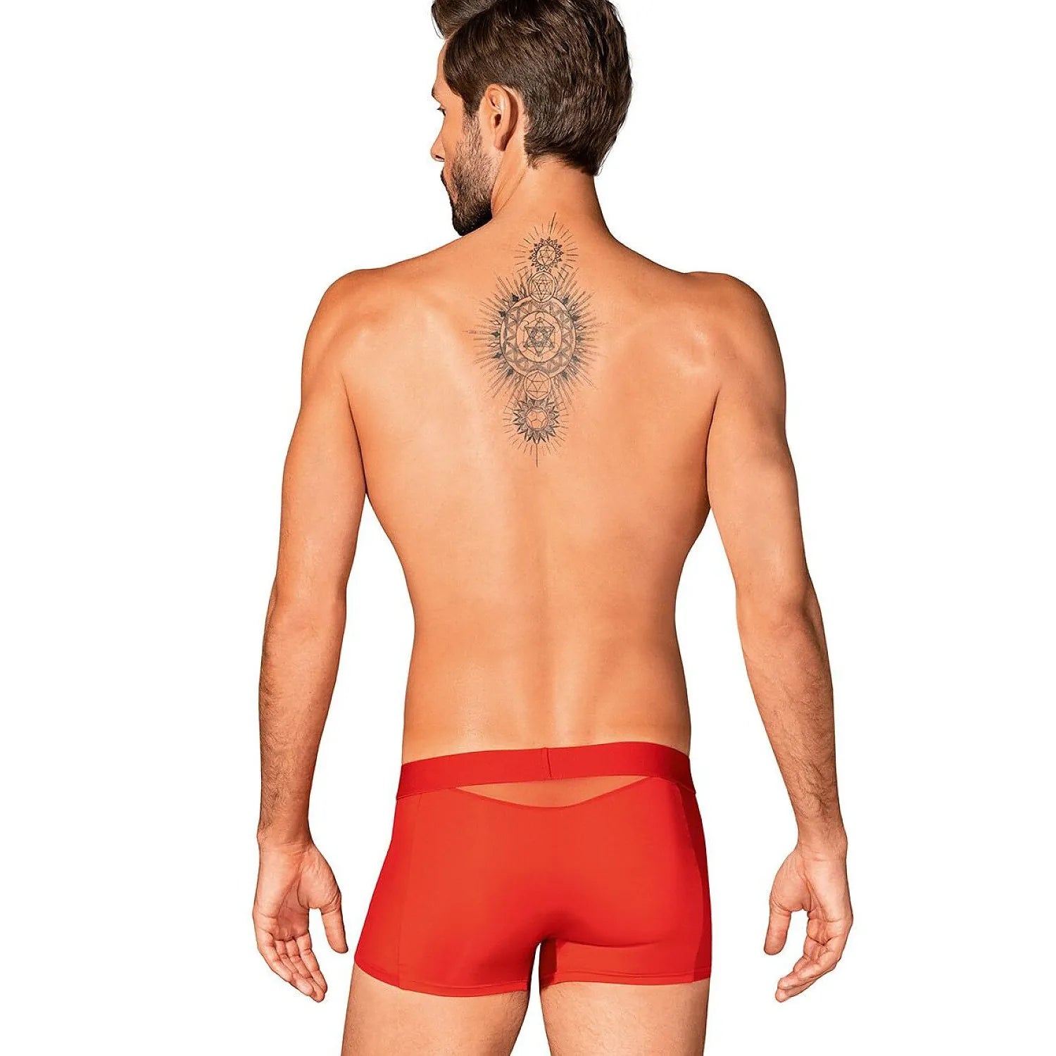 Boxer rouge ajusté Obsessive, dos semi-transparent, ceinture large, style moderne et sensuel.
