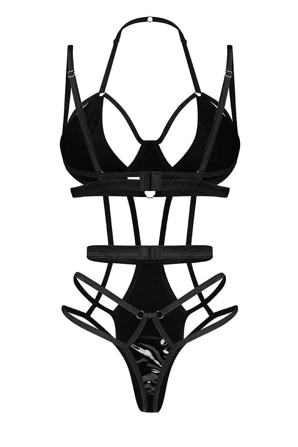 Body Keira wet look noir, découpes sensuelles, lanières élégantes, ajustement parfait, matière brillante latex.