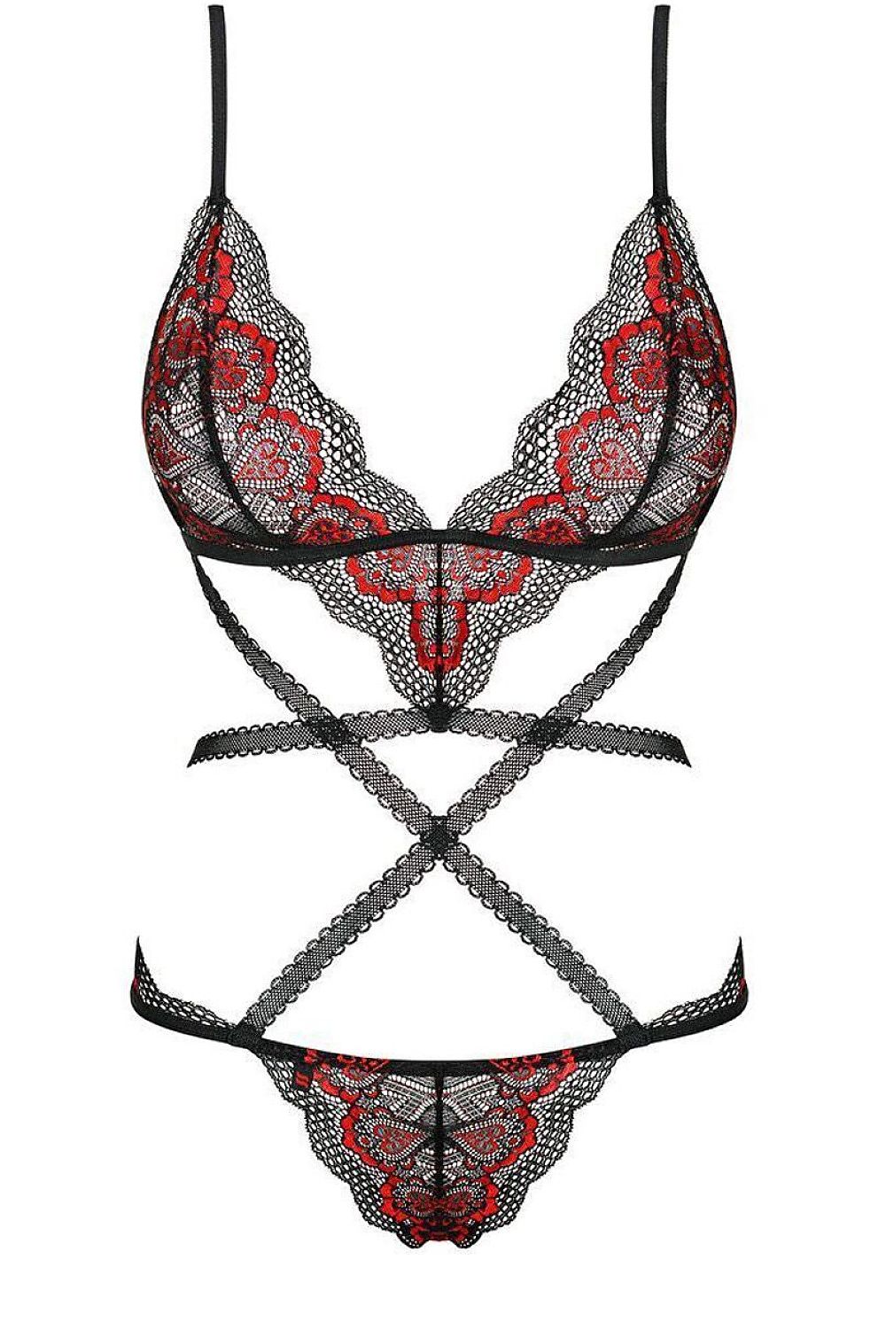 Body noir et rouge Megies Teddy Obsessive, lanières élastiques, broderie rouge, tissu doux et élastique, sans armatures.