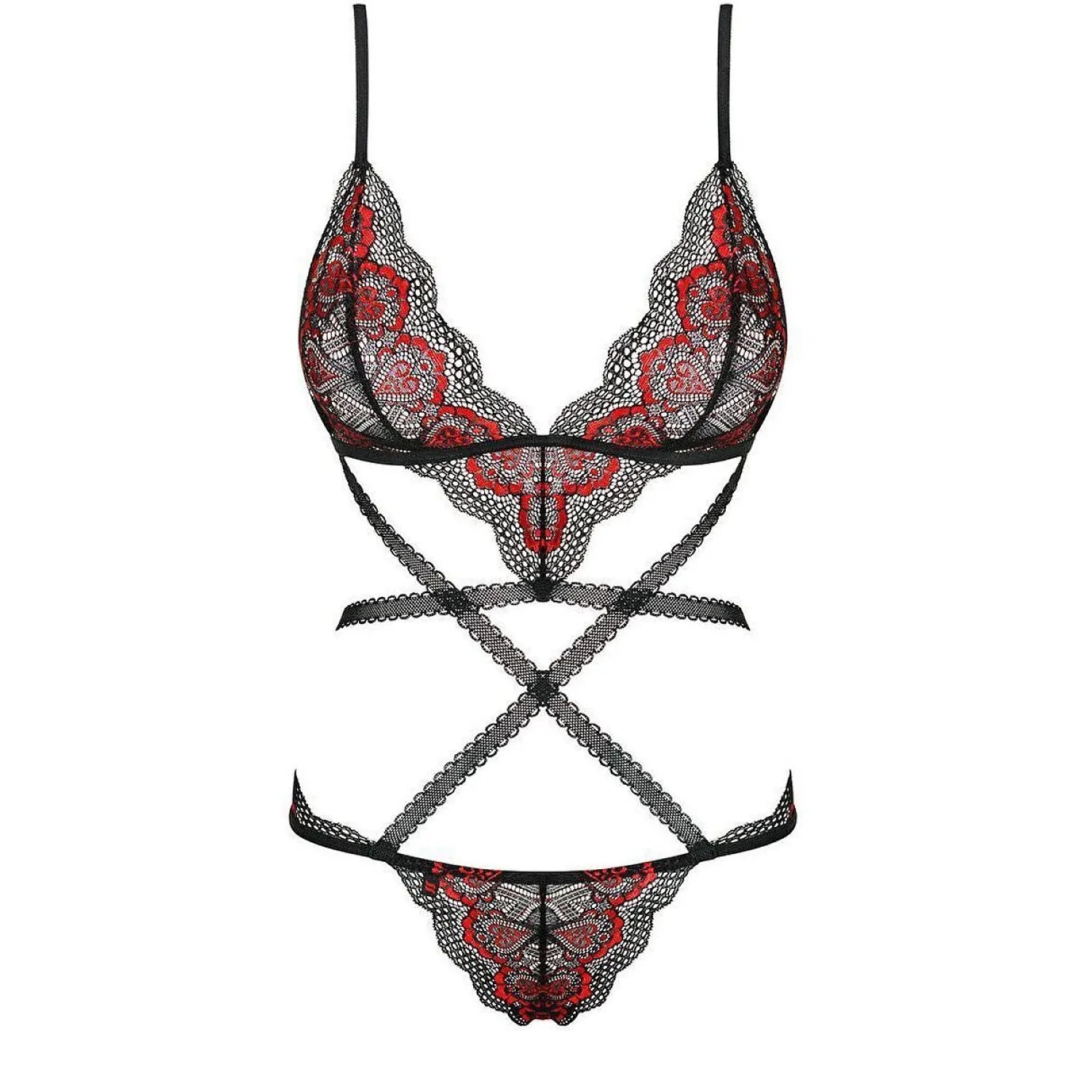 Body noir et rouge Megies Teddy Obsessive, lanières élastiques, broderie rouge, tissu doux et élastique, sans armatures.