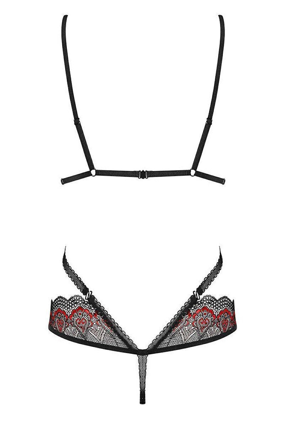 Body noir et rouge Megies Teddy Obsessive, fines lanières élastiques, broderie rouge, tissu doux et élastique.