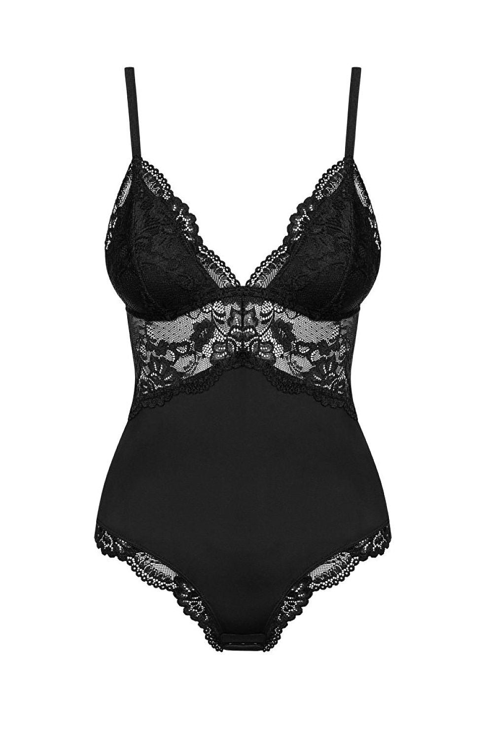 Body en dentelle noire Obsessive 810-TED-1, dos nu, bretelles réglables, bonnets rembourrés, coupe élégante et féminine.